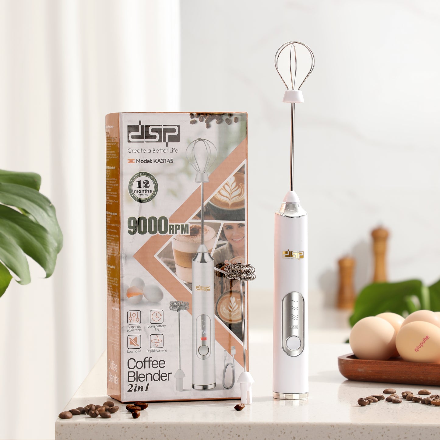 DSP Handheld Electric Milk Frother with 2 Heads, USB Rechargeable Coffee Whisk & Frother Wand, 3 Speeds Adjustable (7000-9000 RPM) for Latte, Cappuccino, Hot Chocolate & Egg Mixing (Black/White)