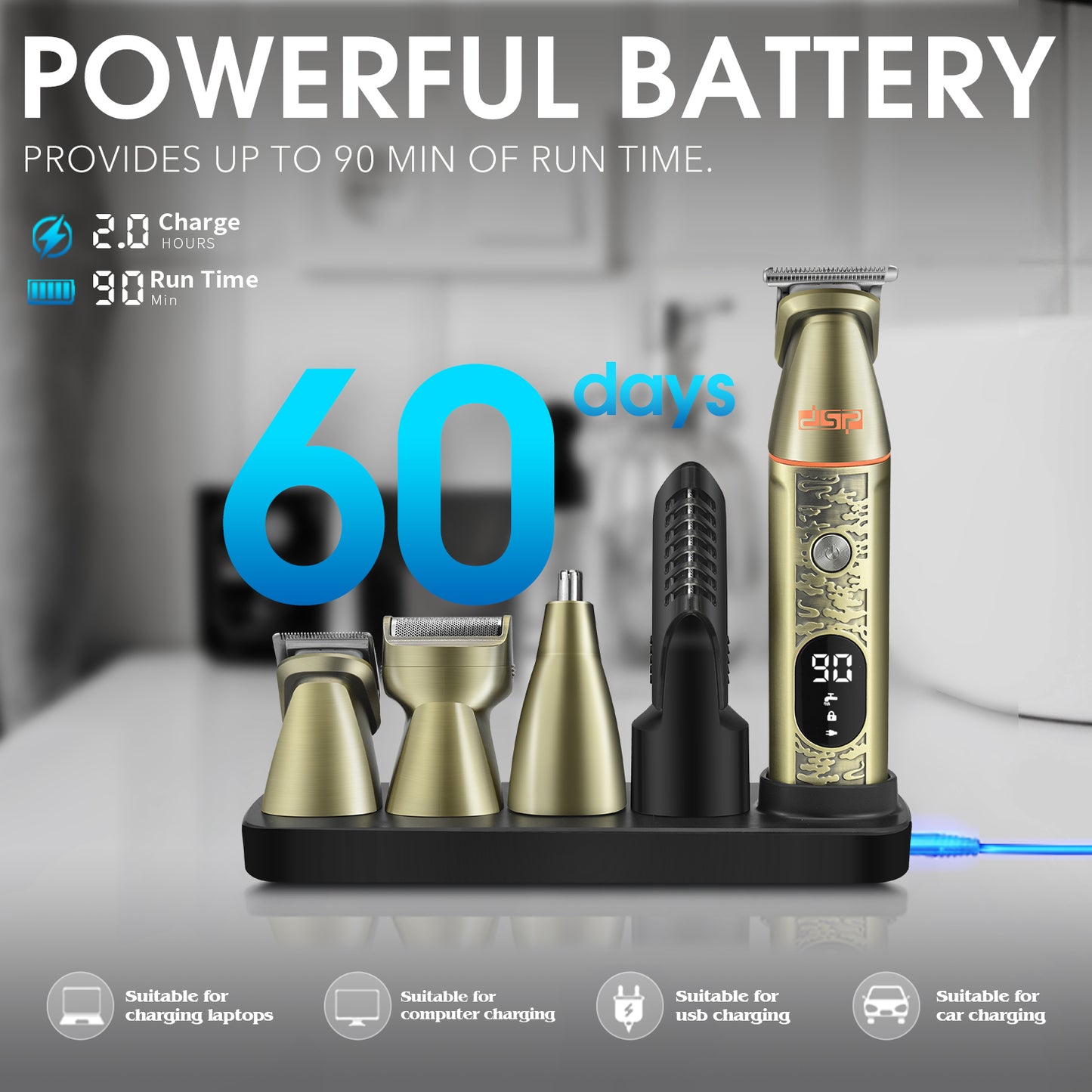 6-in-1 Professional Men's Grooming Kit with 4 Combs, IPX6 Waterproof, 90Min Runtime & LED Display, All-in-One Precision for Beard/Hair/Body Care