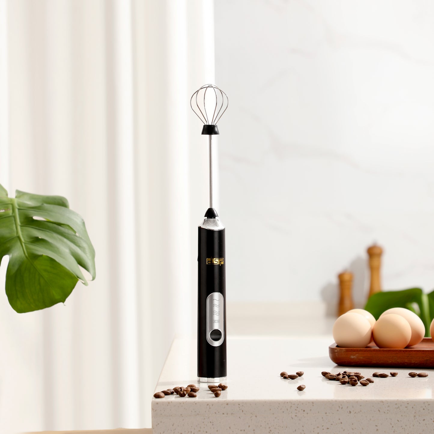 DSP Handheld Electric Milk Frother with 2 Heads, USB Rechargeable Coffee Whisk & Frother Wand, 3 Speeds Adjustable (7000-9000 RPM) for Latte, Cappuccino, Hot Chocolate & Egg Mixing (Black/White)