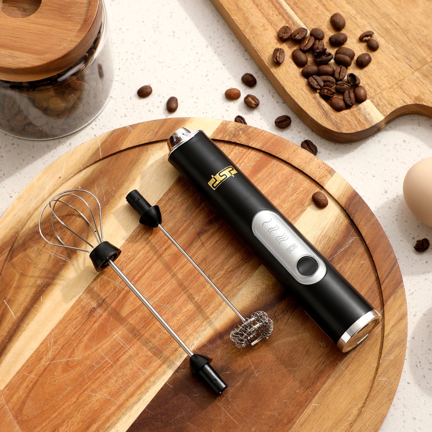 DSP Handheld Electric Milk Frother with 2 Heads, USB Rechargeable Coffee Whisk & Frother Wand, 3 Speeds Adjustable (7000-9000 RPM) for Latte, Cappuccino, Hot Chocolate & Egg Mixing (Black/White)