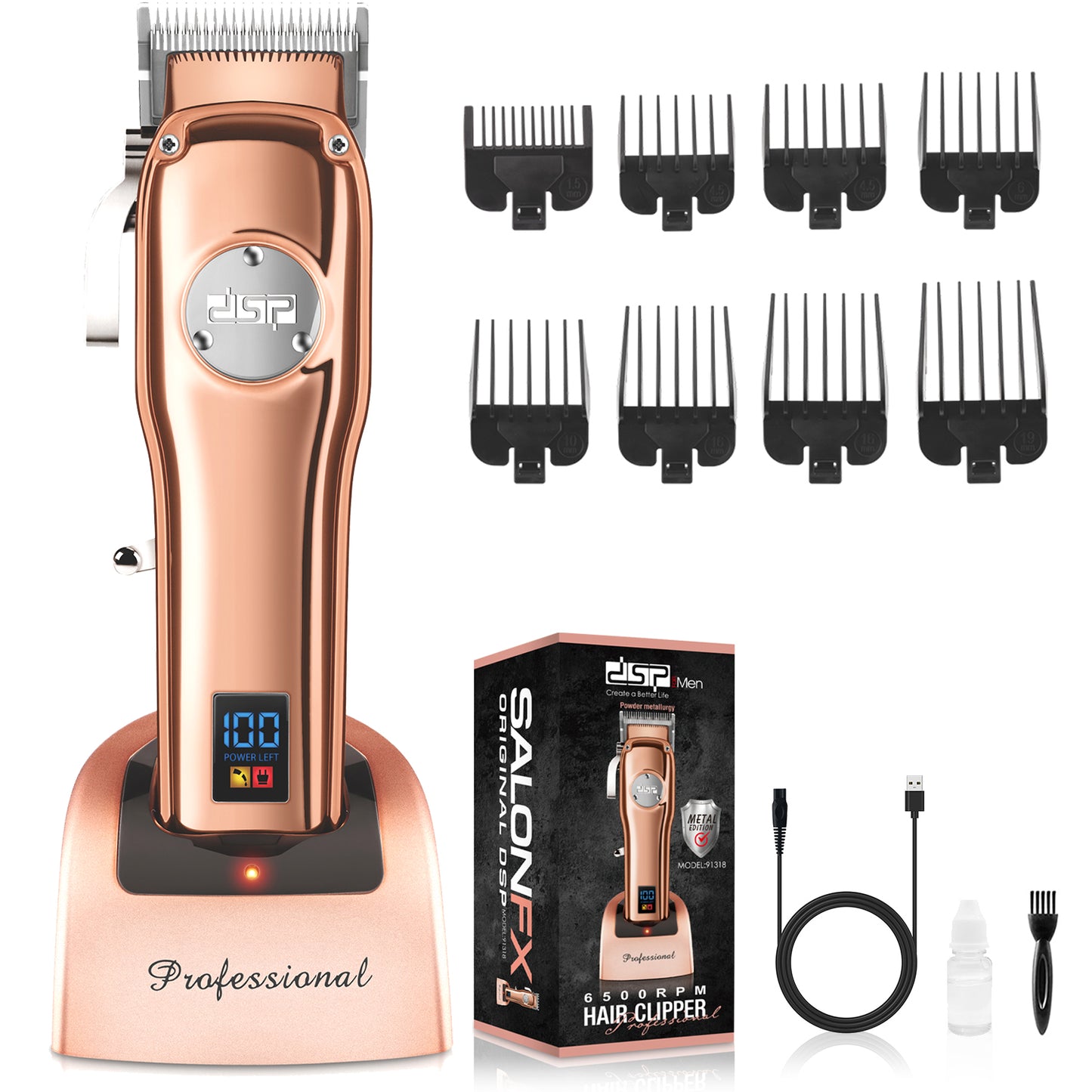 6500RPM Professional Hair Clipper, 2000mAh Long-Lasting Battery with 8 Combs & Metal Spanner for Gentle Hair Care