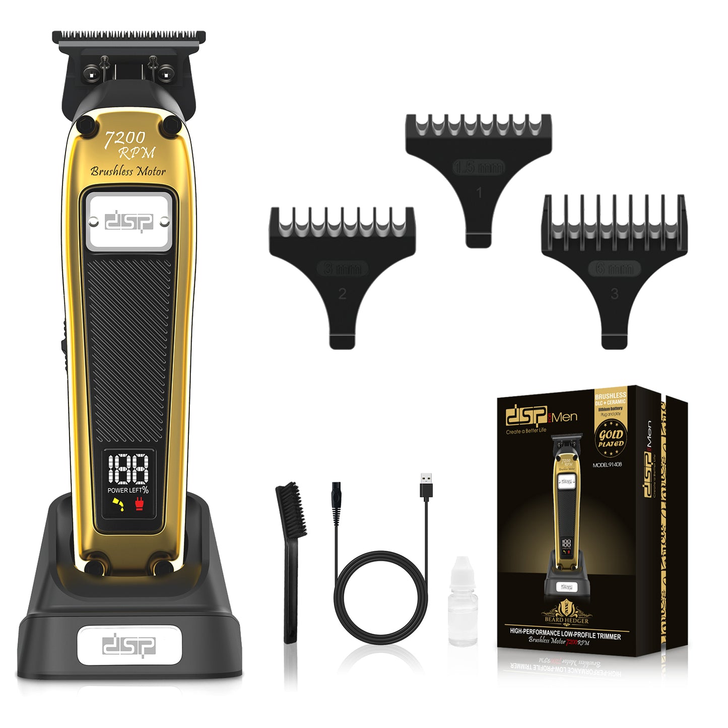 Pro Grooming Brushless Hair Trimmer 7200RPM DLC+Ceramic Blades LED Display 3 Limit Combs Skin-Safe 120Min Runtime for Men's Beard & Body Hair Care