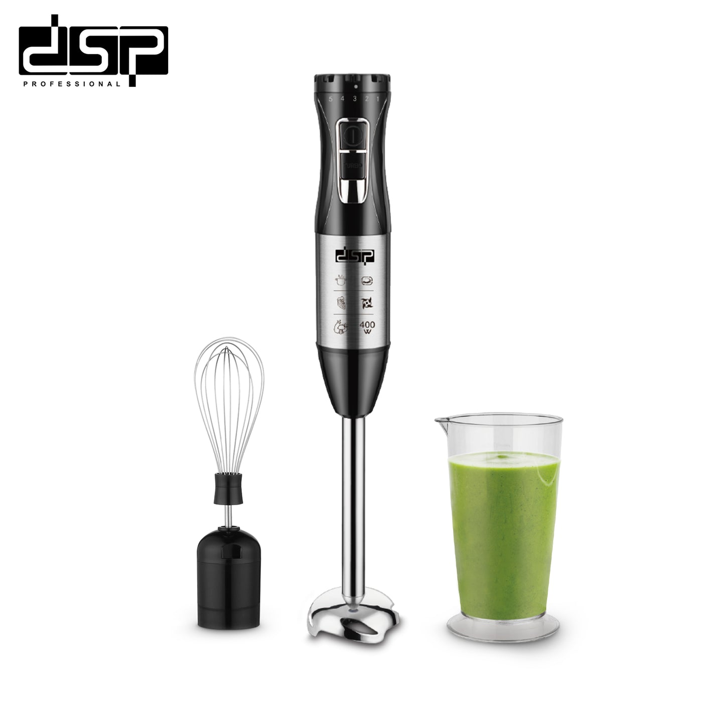 DSP 3 in 1 Immersion Blender Handheld, 400W Corded Electric Stick Emulsion Blender with Turbo Function, Variable Speed, Stainless Steel Blades & Whisk, Perfect for Smoothies, Soup, Puree (220-240V, 700ml Cup Included)