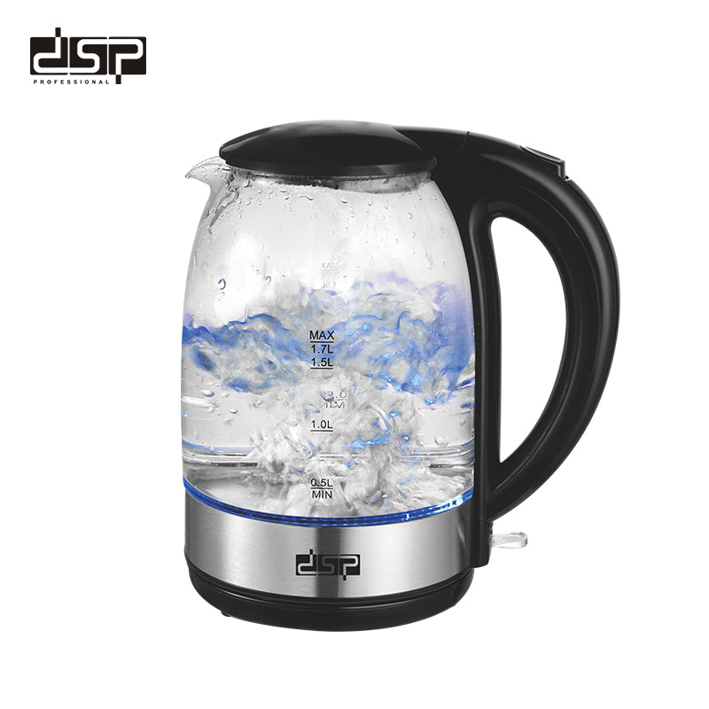 DSP Electric Kettle, 1.7L Fast Boiling Water Kettle for Tea & Coffee, BPA-Free Glass Tea Pot with Auto Shut-Off, Boil-Dry Protection, Removable Filter & Water Level Indicator (220-240V)