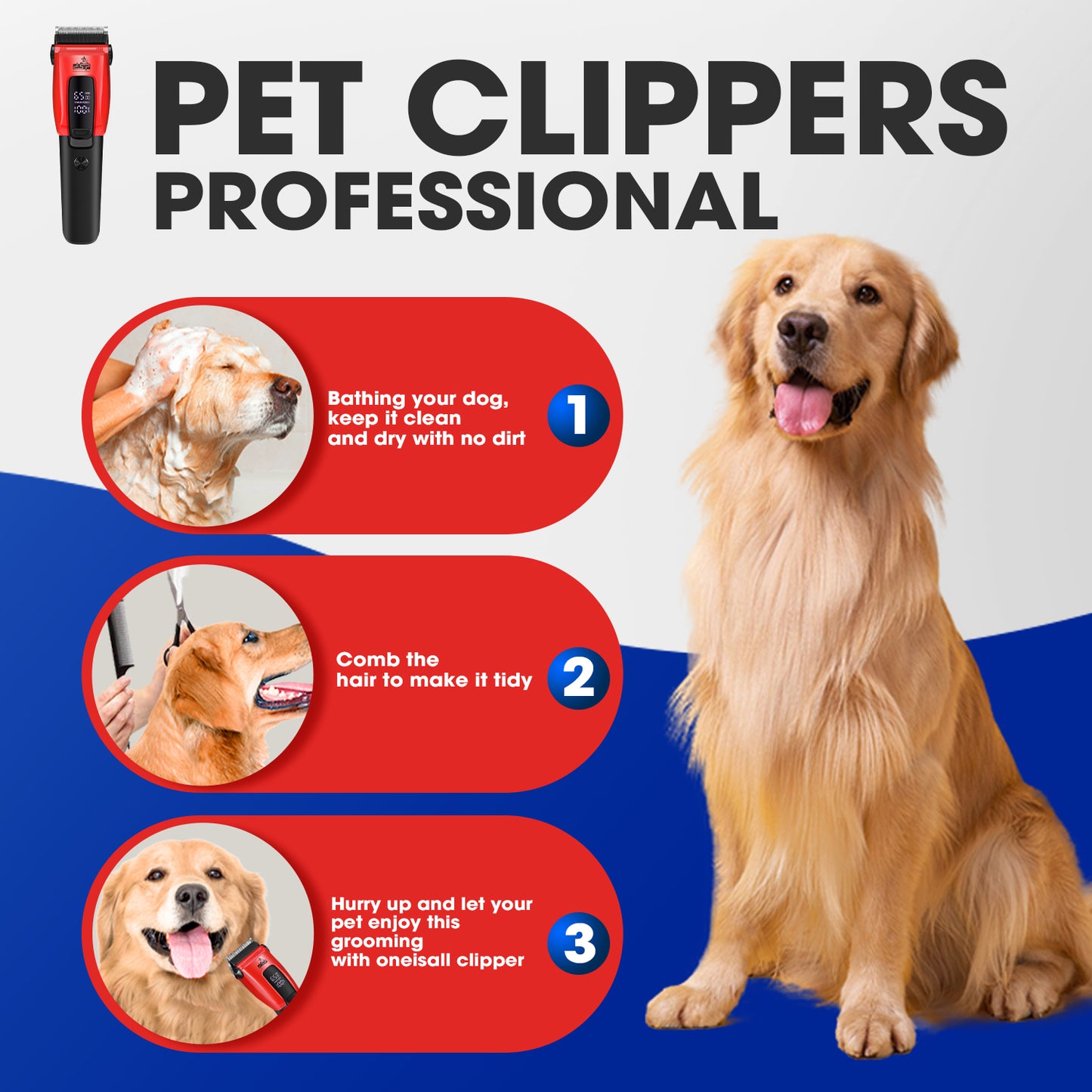 Professional Pet Grooming Trimmer, 6300RPM Stainless Steel Blade, 6 Adjustable Combs, Safe for Dogs/Cats, 150min Runtime