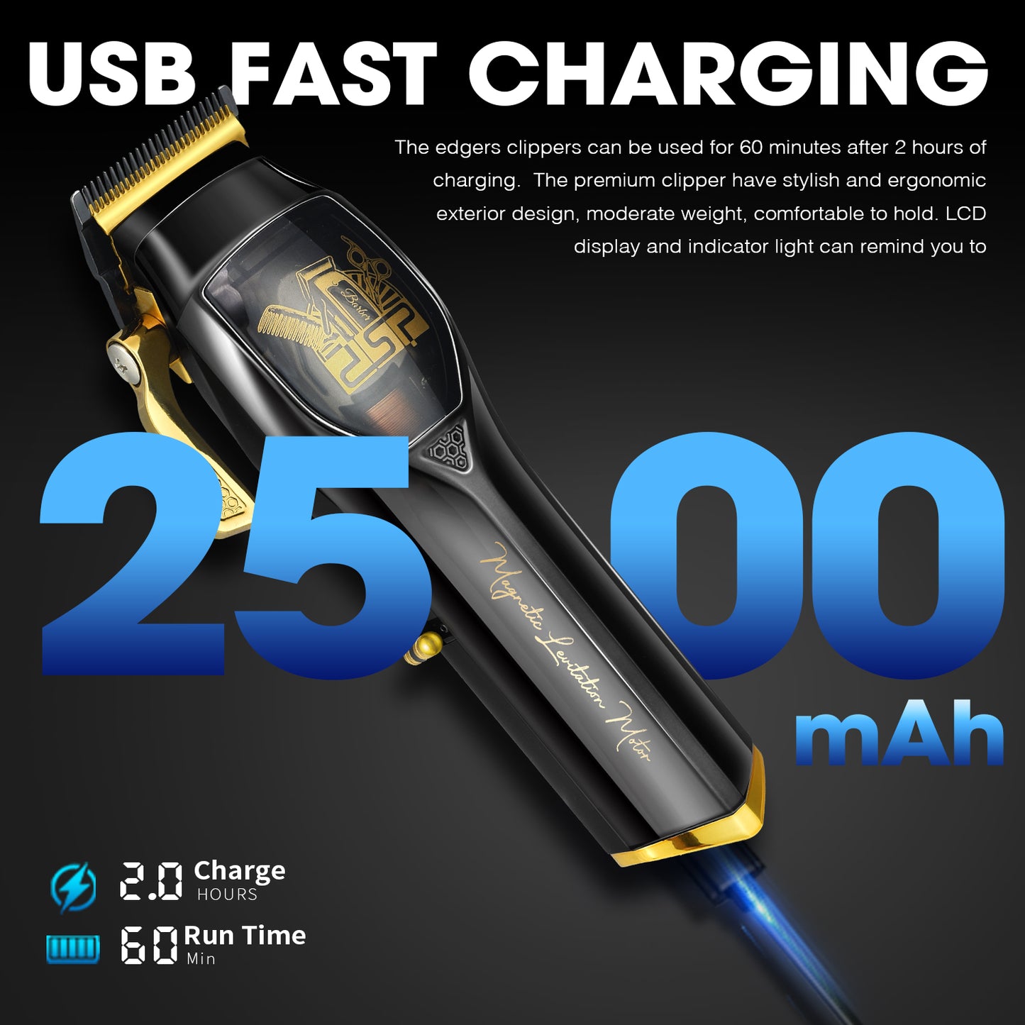 9000RPM Magnetic Levitation Professional Hair Clipper, 2500mAh DLC Blade 4 Combs Kit, Digital Display