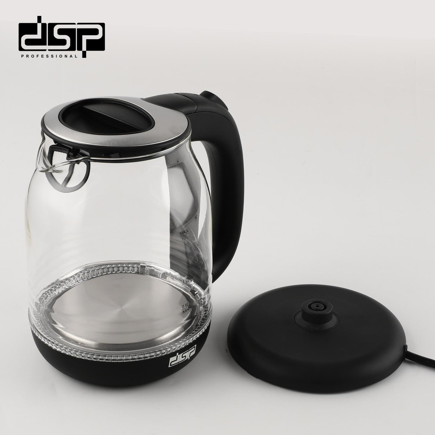 DSP Electric Kettle 1.7L Glass & Steel, Fast Boiling 2200W with Auto Shut-Off, LED Light, 360° Swivel Base – Stainless Steel Heating for Tea & Coffee