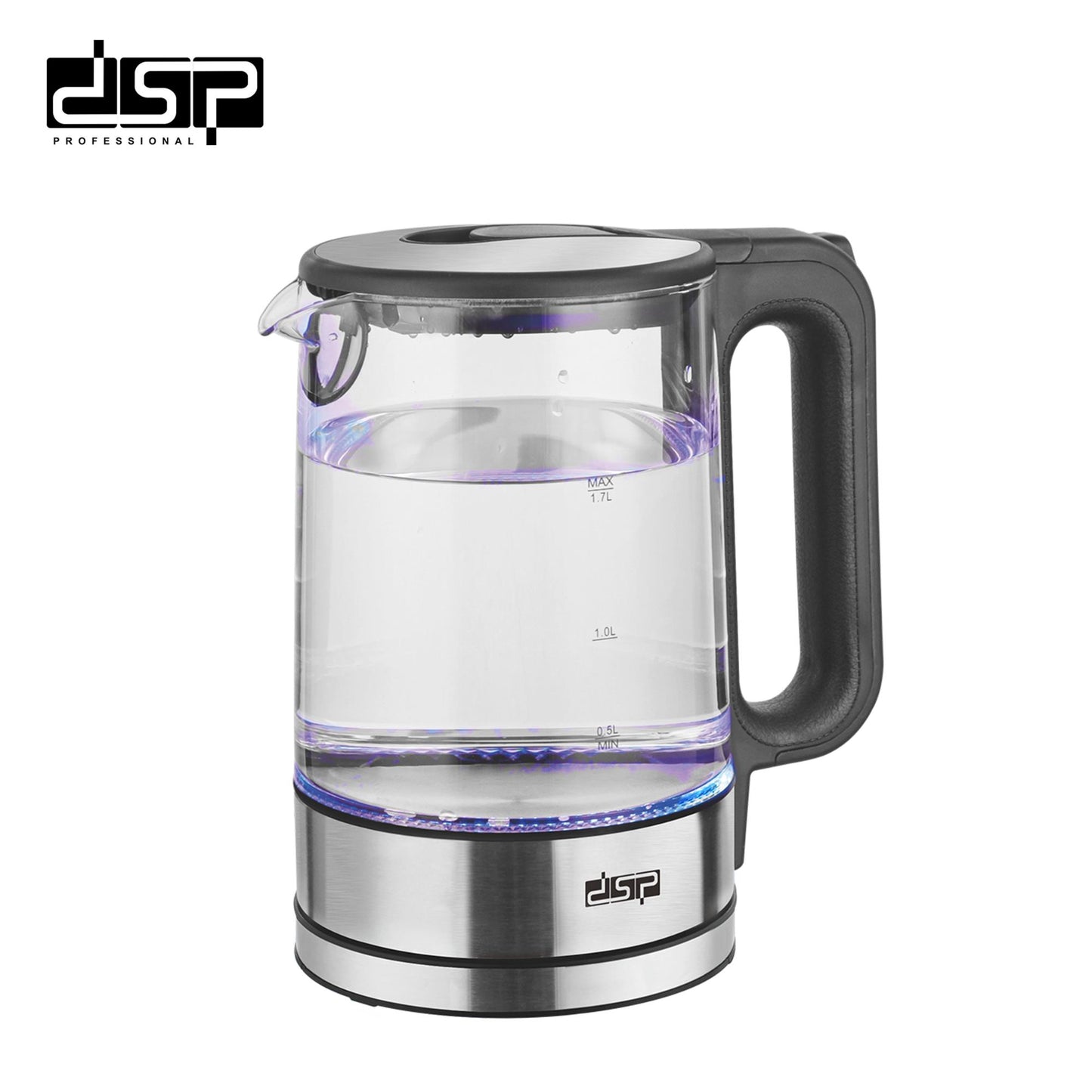 DSP Electric Kettle, 1.7L Glass Electric Kettle with Auto Shut-Off & Boil-Dry Protection, 2200W Fast Boiling, BPA-Free, Blue LED Light, 360° Rotatable Base – Perfect for Home & Office