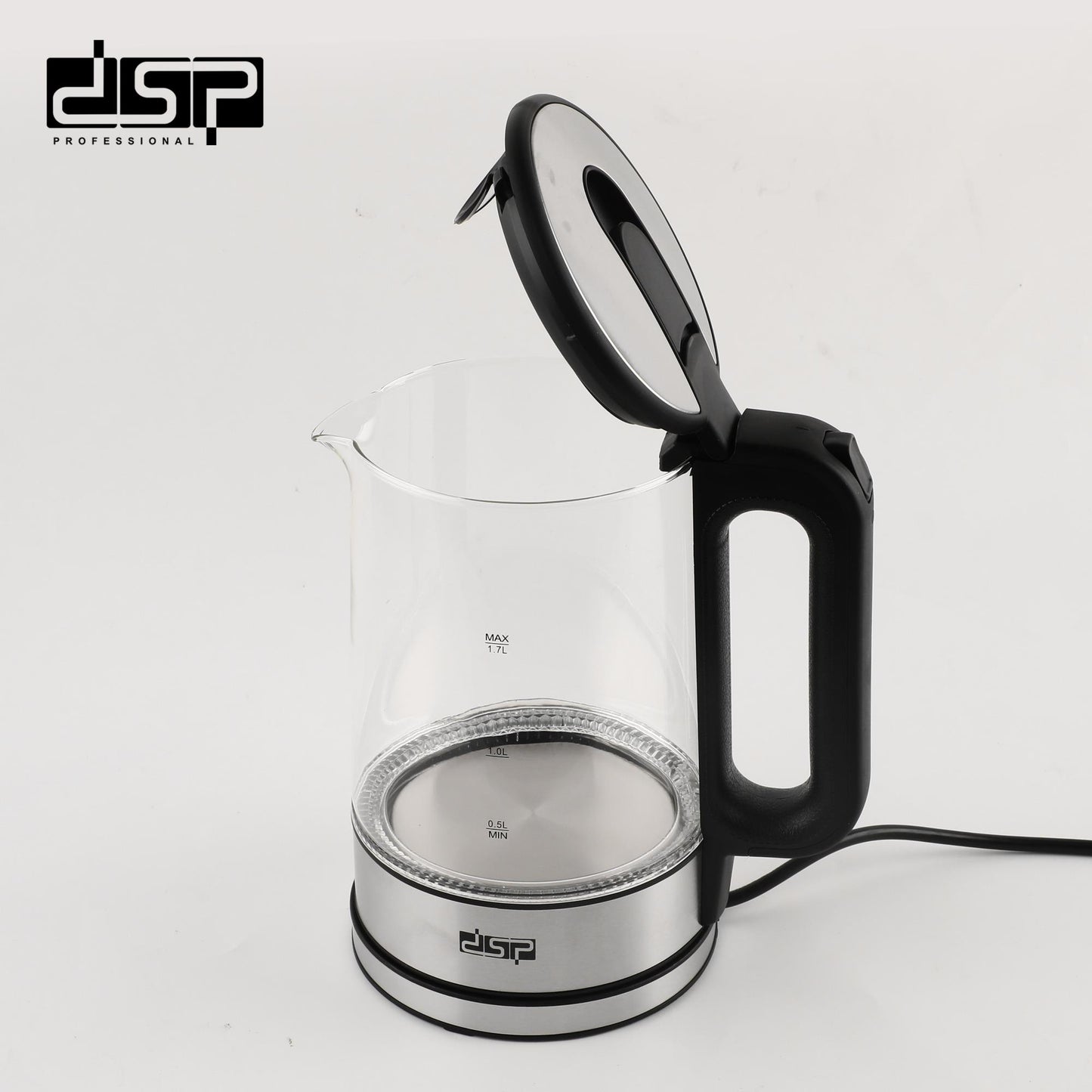DSP Electric Kettle, 1.7L Glass Electric Kettle with Auto Shut-Off & Boil-Dry Protection, 2200W Fast Boiling, BPA-Free, Blue LED Light, 360° Rotatable Base – Perfect for Home & Office