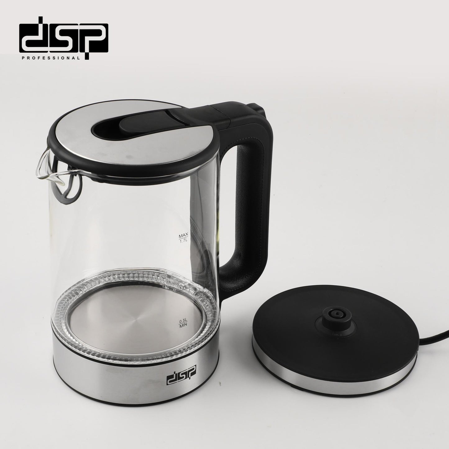 DSP Electric Kettle, 1.7L Glass Electric Kettle with Auto Shut-Off & Boil-Dry Protection, 2200W Fast Boiling, BPA-Free, Blue LED Light, 360° Rotatable Base – Perfect for Home & Office