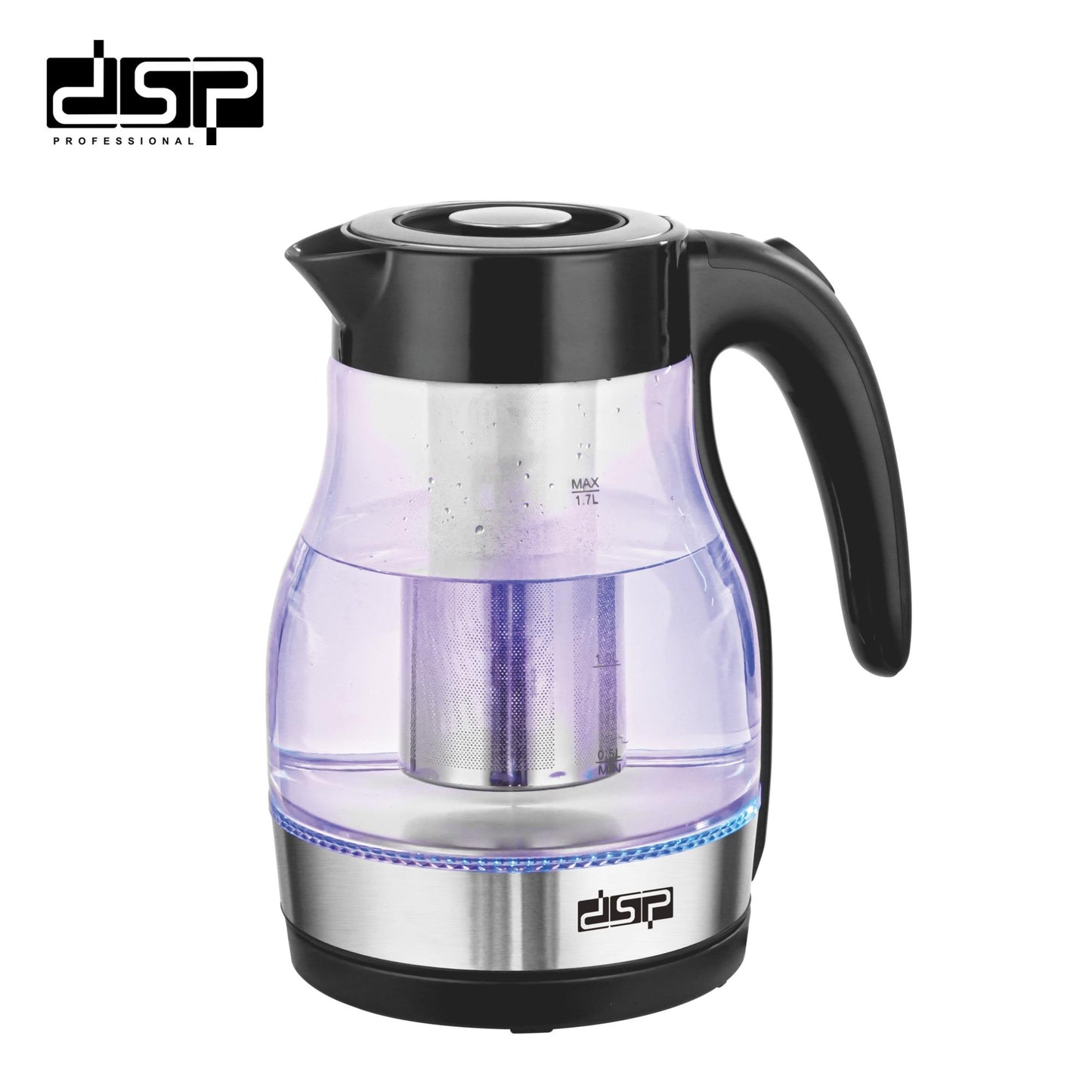 DSP Electric Kettle 1.7L - Fast Boiling Water Boiler & Tea Kettle with Auto Shut-Off, Borosilicate Glass, 2200W, LED Light, 360° Rotatable Base & Boil-Dry Protection