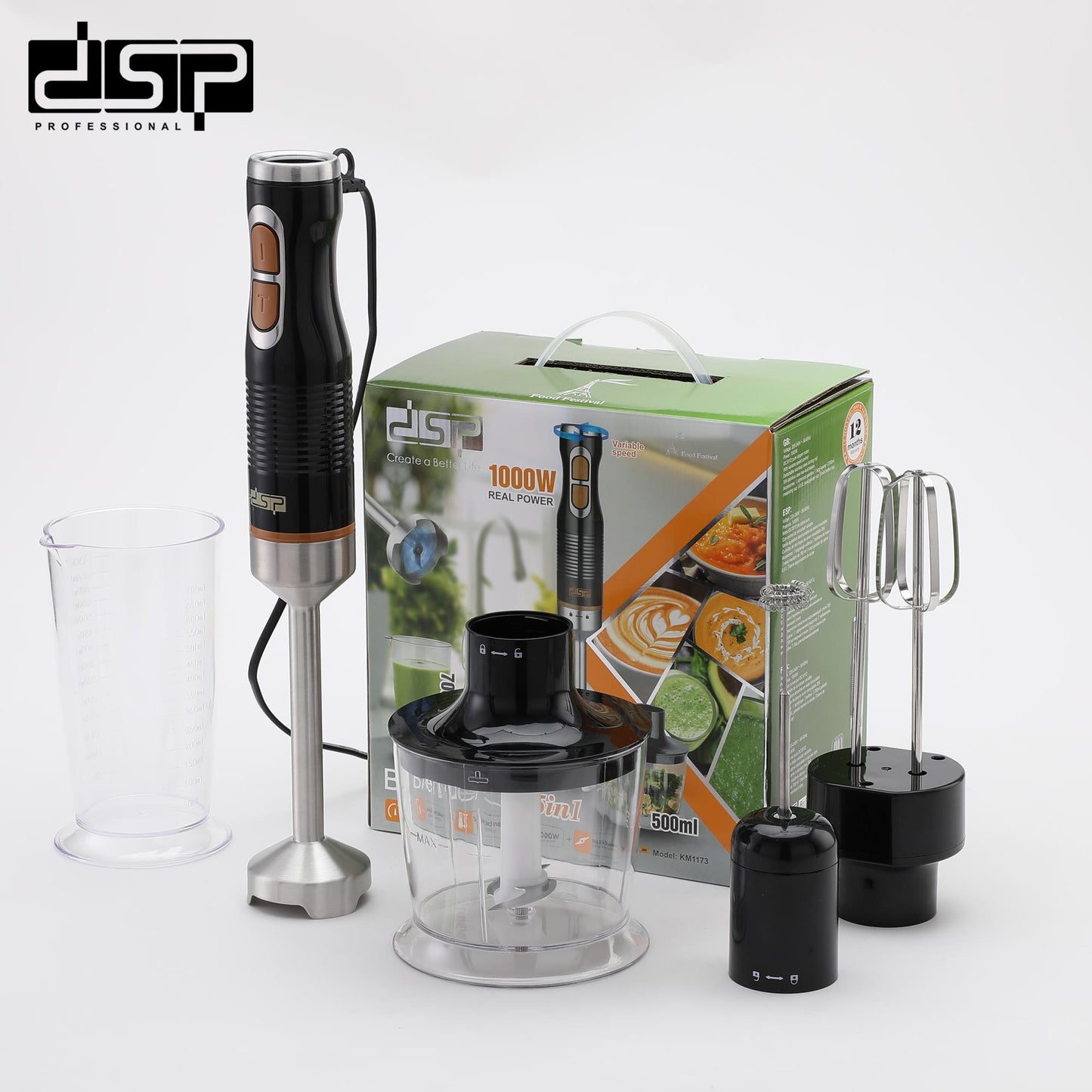 DSP 5 in 1 Immersion Blender Set, 1000W Handheld Stick Blender with Variable Speed, Stainless Steel Blades, 700ml Measuring Cup, Meat Grinder & Milk Frother – Perfect for Smoothies, Soups & Baby Food