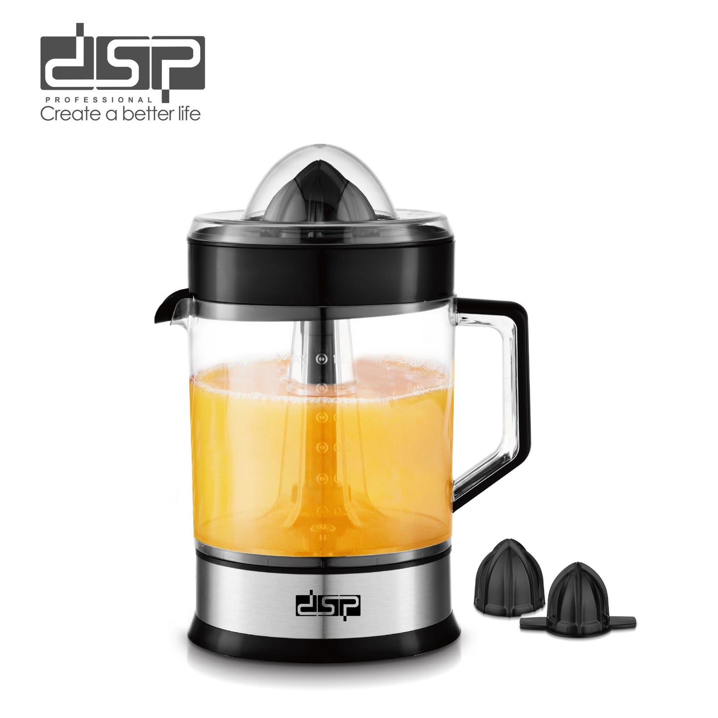 DSP Electric Citrus Juicer – 220V, 40W, 1.2L Large Capacity, BPA-Free Stainless Steel Juicer for Oranges, Lemons, Limes, Grapefruits – Easy to Clean with Reversible Motor & Non-Slip Base