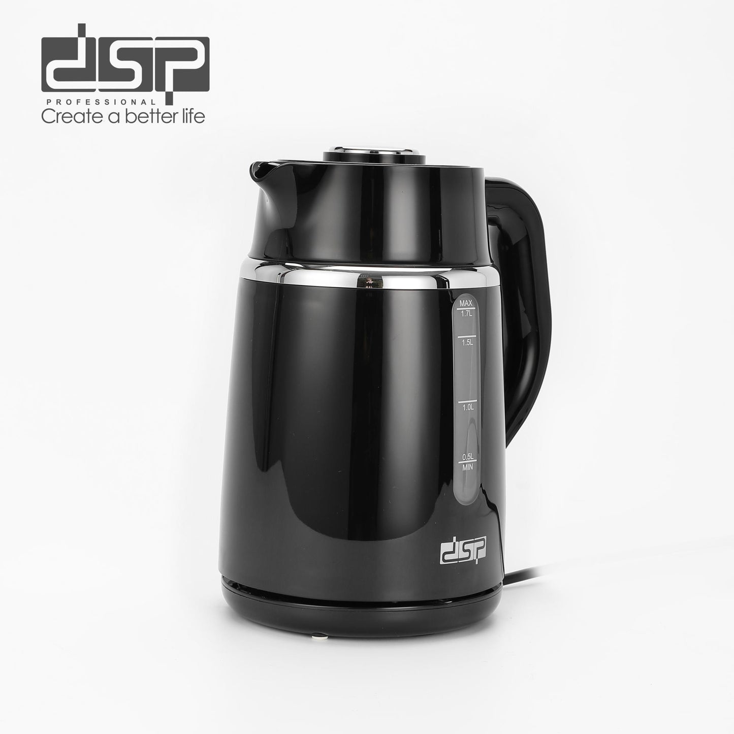 DSP 1.7L Glass Electric Kettle with Auto Shut-Off, 2200W Fast Boil, Stainless Steel Heating Element, Cordless & 360° Swivel Base, LED Indicator – Safe & Efficient for Home Use