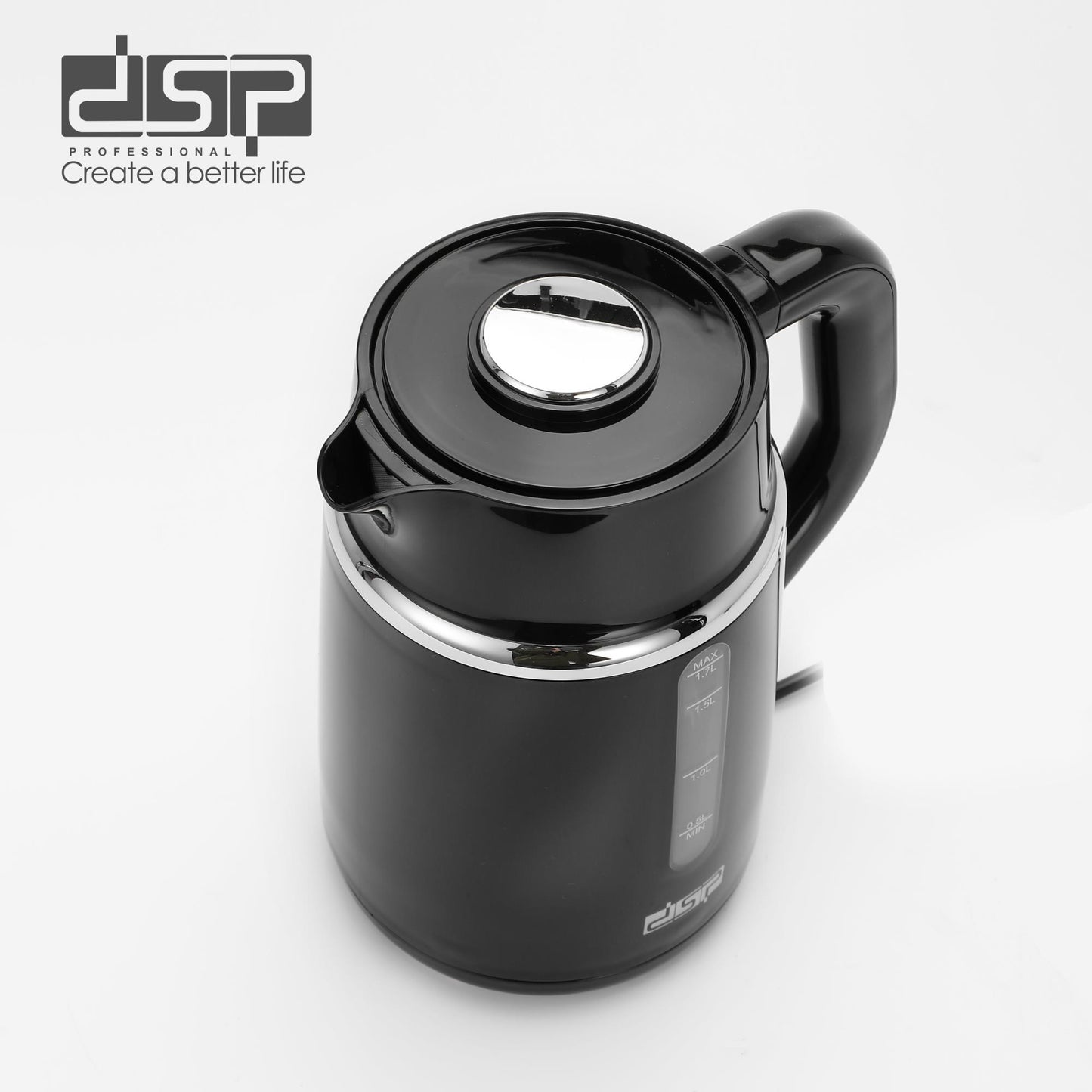 DSP 1.7L Glass Electric Kettle with Auto Shut-Off, 2200W Fast Boil, Stainless Steel Heating Element, Cordless & 360° Swivel Base, LED Indicator – Safe & Efficient for Home Use
