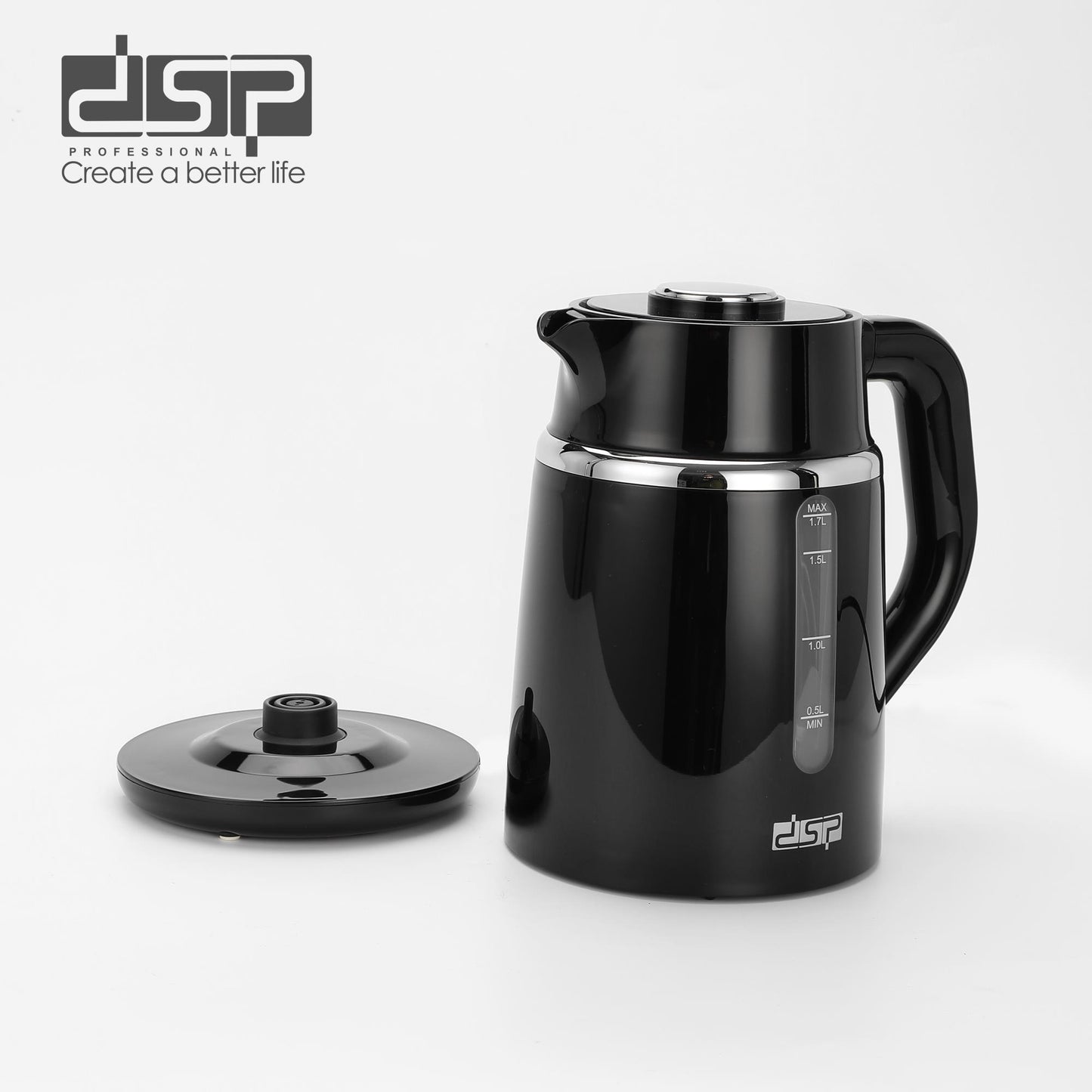 DSP 1.7L Glass Electric Kettle with Auto Shut-Off, 2200W Fast Boil, Stainless Steel Heating Element, Cordless & 360° Swivel Base, LED Indicator – Safe & Efficient for Home Use