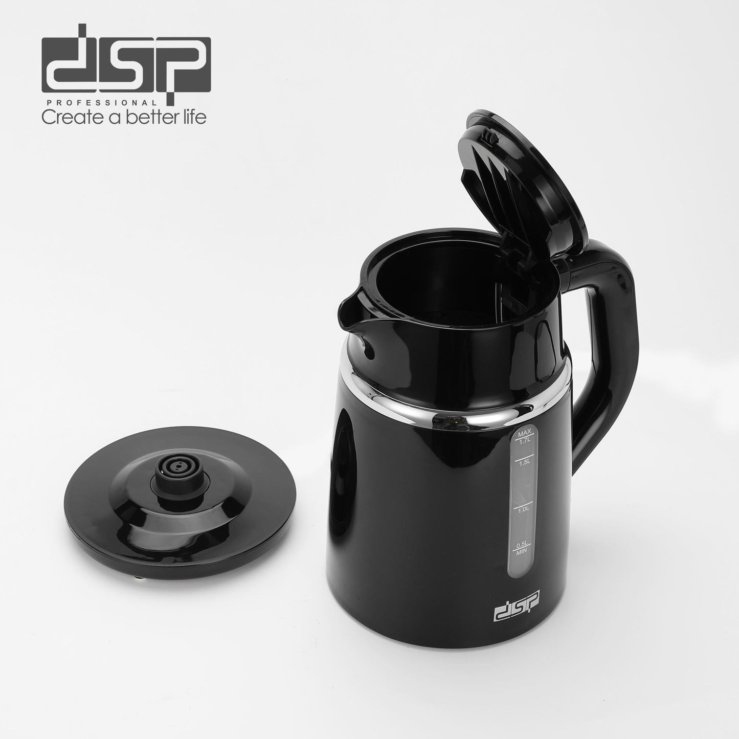 DSP 1.7L Glass Electric Kettle with Auto Shut-Off, 2200W Fast Boil, Stainless Steel Heating Element, Cordless & 360° Swivel Base, LED Indicator – Safe & Efficient for Home Use
