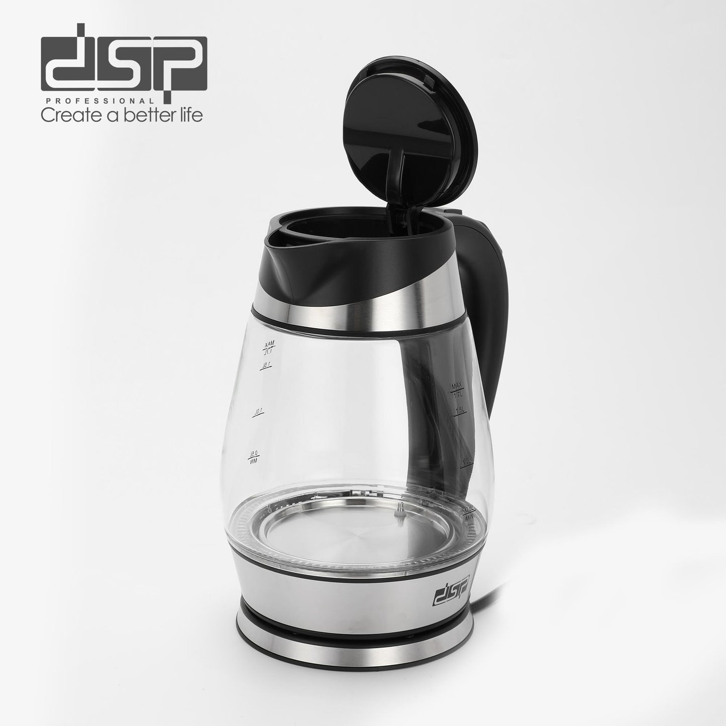 DSP Electric Kettle - 1.7L Glass & Stainless Steel Rapid Boil Electric Tea Kettle with Auto Shut-Off, 5 Temperature Settings, Keep Warm & Dry Boil Protection (2200W, Cordless & Removable Strainer)