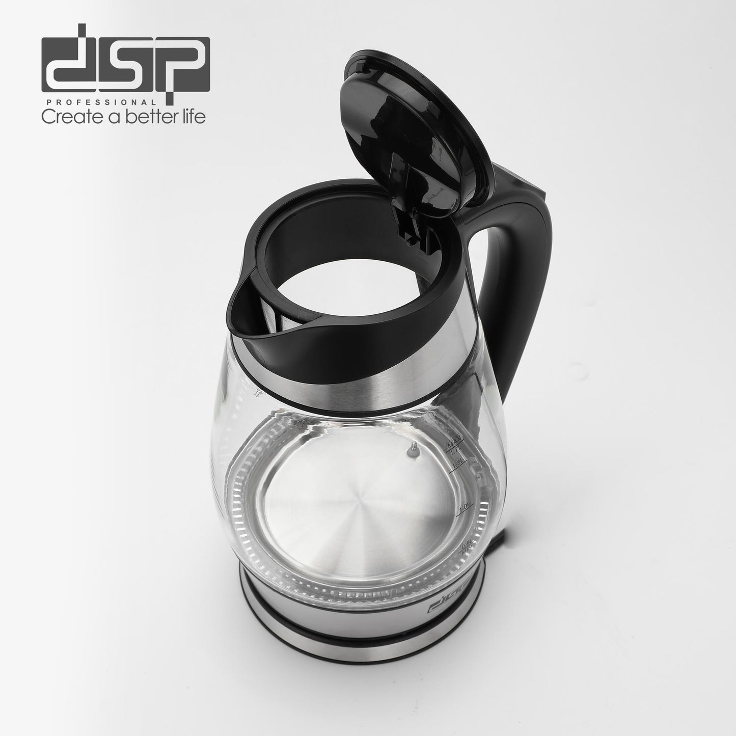 DSP Electric Kettle - 1.7L Glass & Stainless Steel Rapid Boil Electric Tea Kettle with Auto Shut-Off, 5 Temperature Settings, Keep Warm & Dry Boil Protection (2200W, Cordless & Removable Strainer)