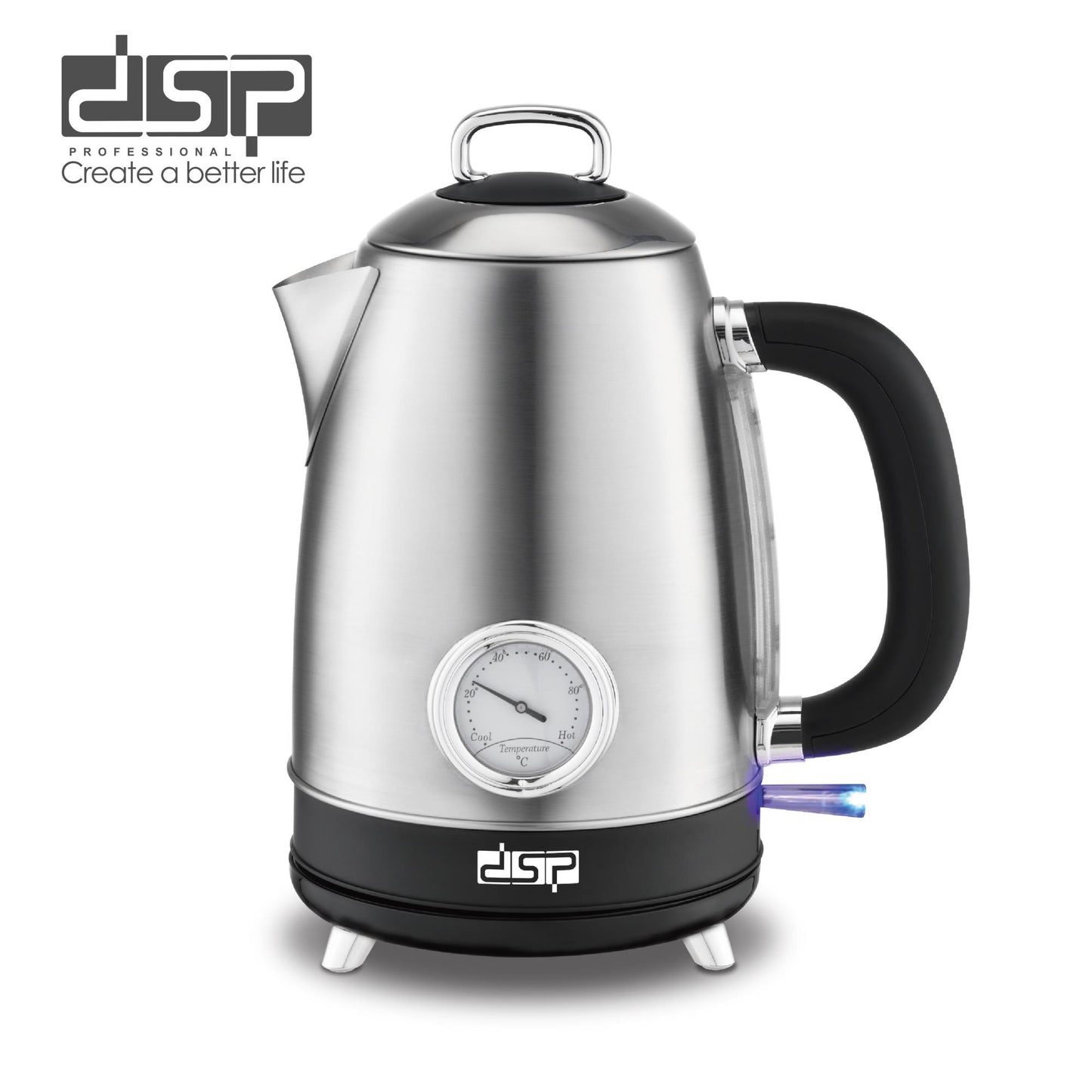 DSP 1.7L Electric Kettle – Fast Boil 2200W, 304 Stainless Steel, Cordless & 360° Rotatable, Safety Auto Shut-Off, LED Display – Perfect for Home & Kitchen Appliances