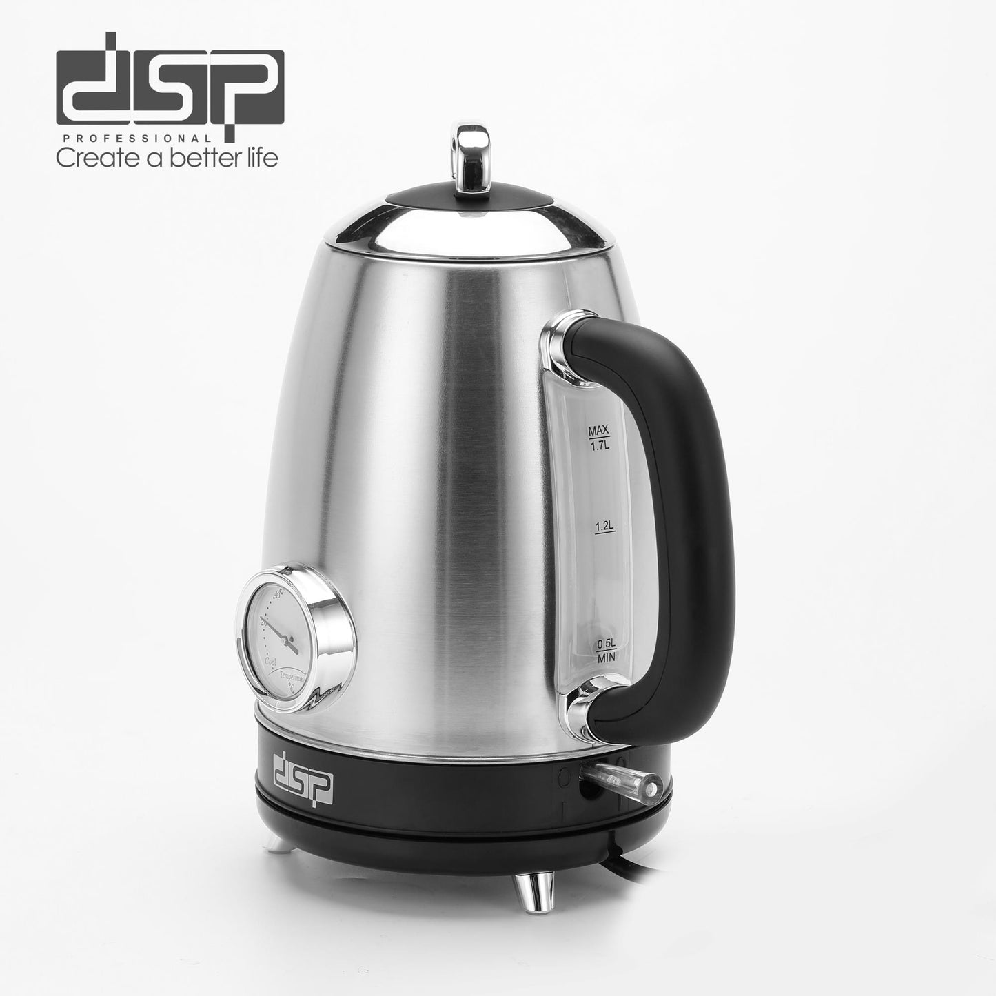 DSP 1.7L Electric Kettle – Fast Boil 2200W, 304 Stainless Steel, Cordless & 360° Rotatable, Safety Auto Shut-Off, LED Display – Perfect for Home & Kitchen Appliances