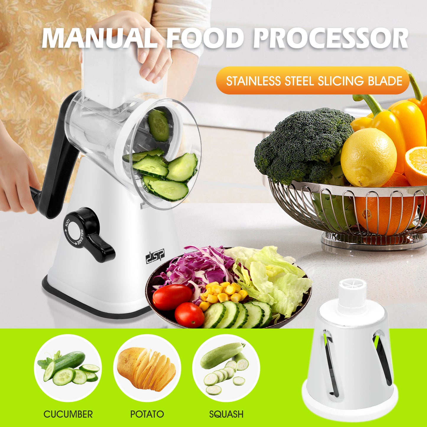 3-in-1 Manual Food Processor, Hand-Operated Veggie Cutter with Stainless Steel Blades for Kitchen & Camping