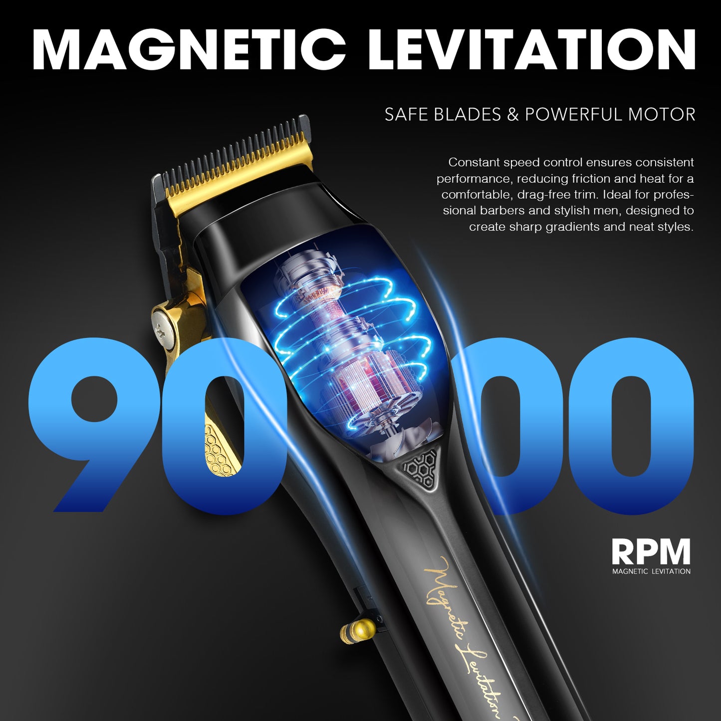 9000RPM Magnetic Levitation Professional Hair Clipper, 2500mAh DLC Blade 4 Combs Kit, Digital Display