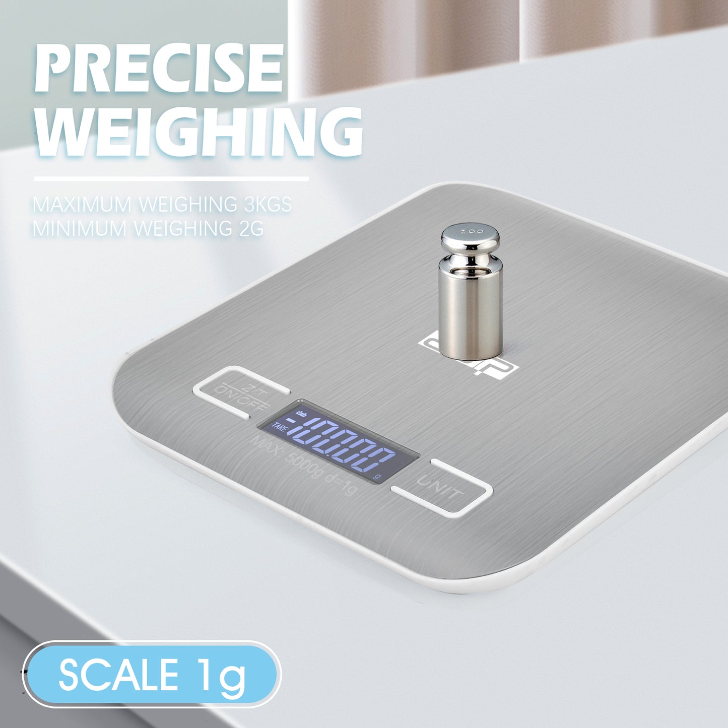 Precision 5kg/1g Multifunction Kitchen Scale with Stainless Steel Surface, High Accuracy Sensor & Auto-Off for Baking/Cooking/Meal Prep