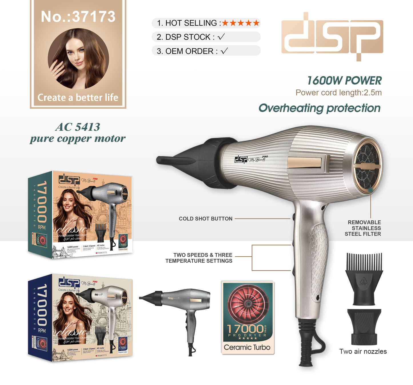 1600W Professional Hair Dryer with Pure Copper Motor, 2 Speeds & 3 Temp Settings, Cold Air & Overheat Protection, Damage-Free Fast Drying for Salon/Home Use