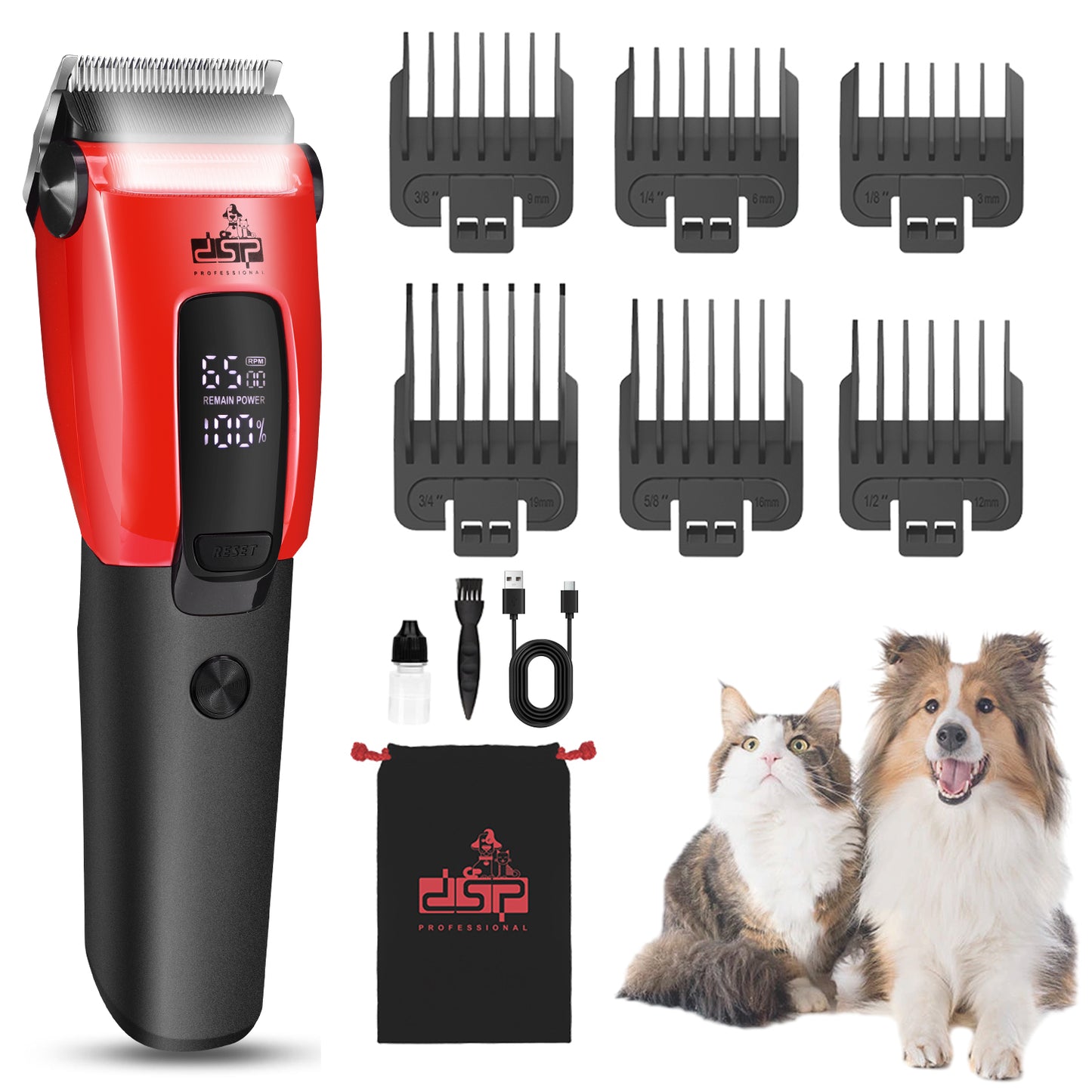 Professional Pet Grooming Trimmer, 6300RPM Stainless Steel Blade, 6 Adjustable Combs, Safe for Dogs/Cats, 150min Runtime