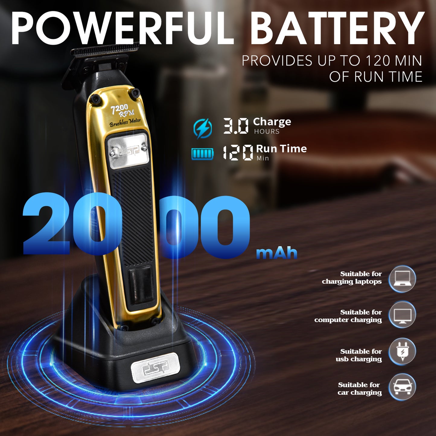 Pro Grooming Brushless Hair Trimmer 7200RPM DLC+Ceramic Blades LED Display 3 Limit Combs Skin-Safe 120Min Runtime for Men's Beard & Body Hair Care