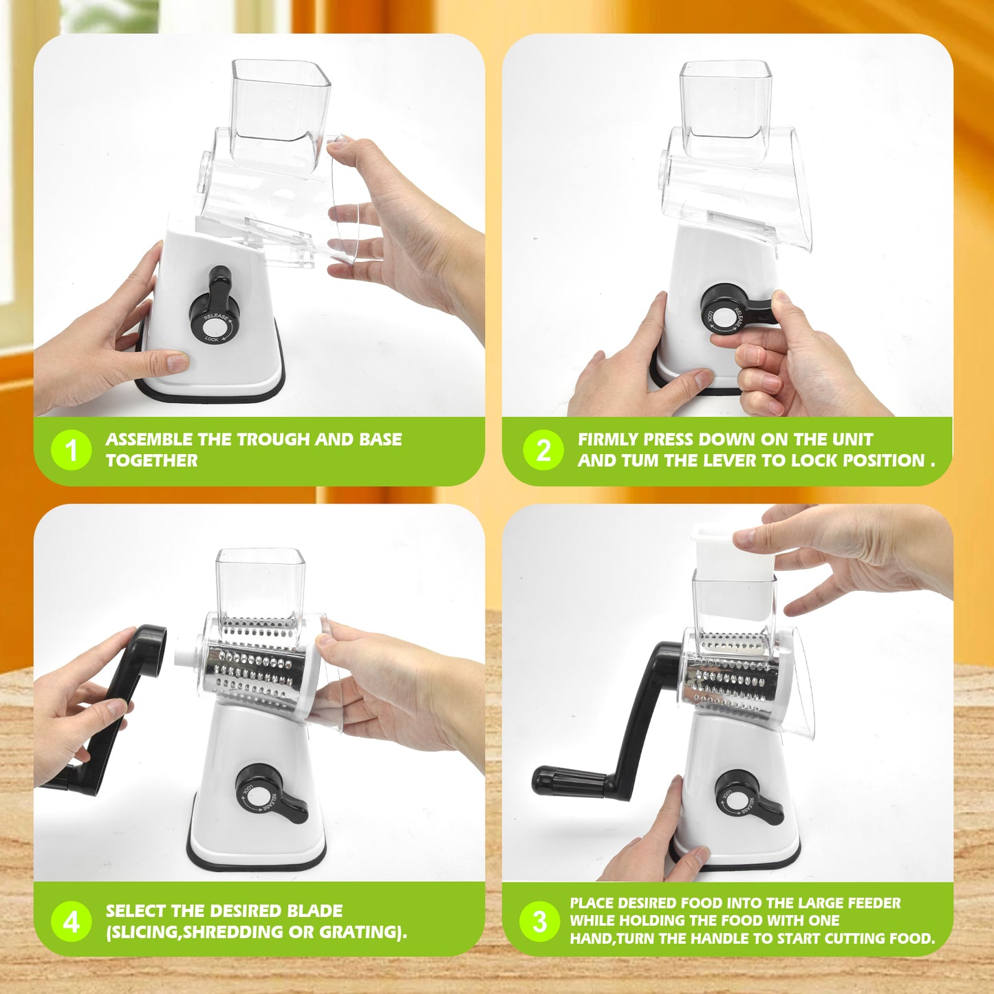 3-in-1 Manual Food Processor, Hand-Operated Veggie Cutter with Stainless Steel Blades for Kitchen & Camping