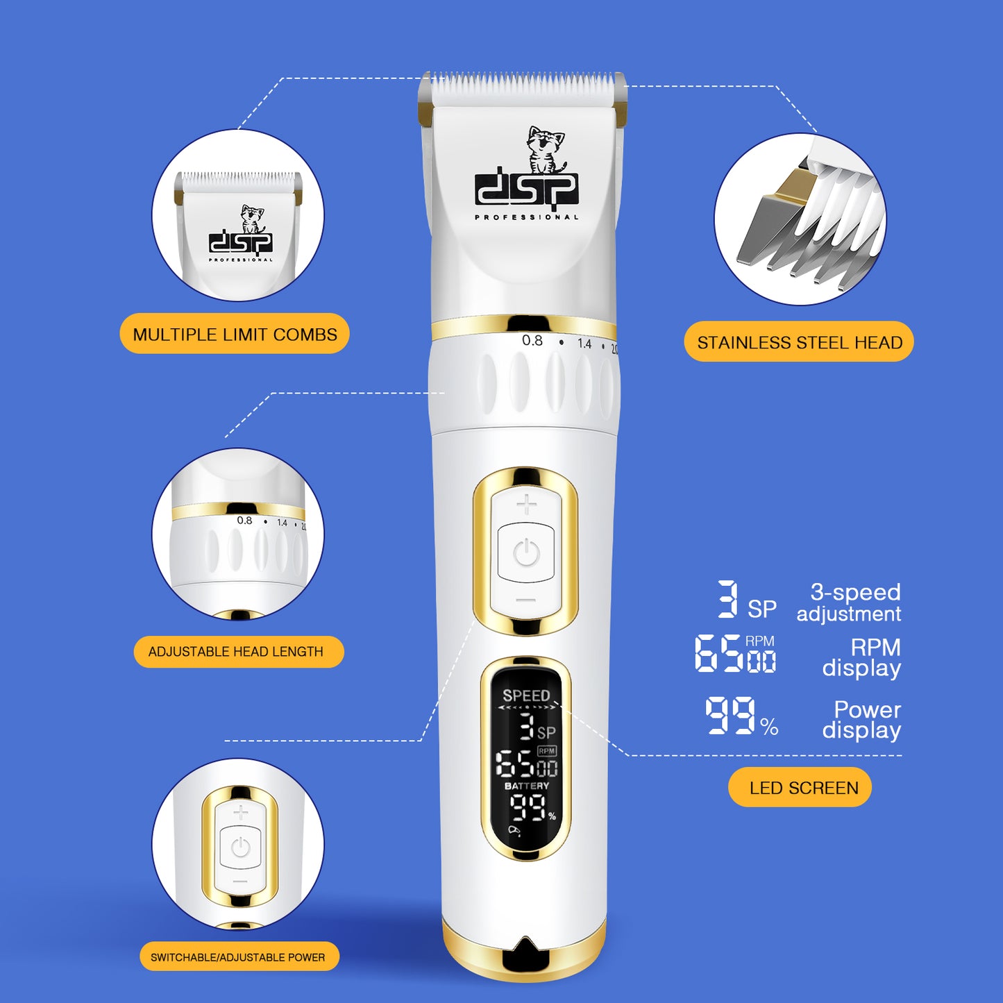 Low Noise Pet Grooming Clipper Titanium Ceramic Blades 6500RPM 3H Runtime 5 Guards Kit USB Charging Home Professional Use
