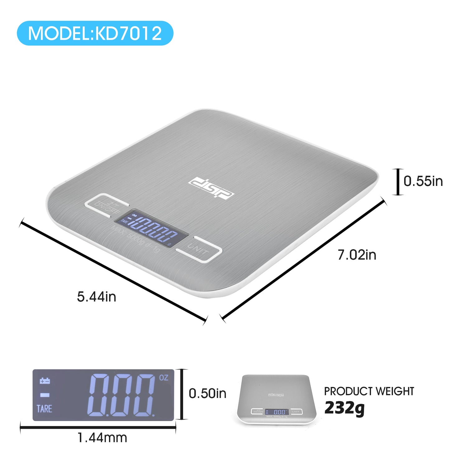 Precision 5kg/1g Multifunction Kitchen Scale with Stainless Steel Surface, High Accuracy Sensor & Auto-Off for Baking/Cooking/Meal Prep