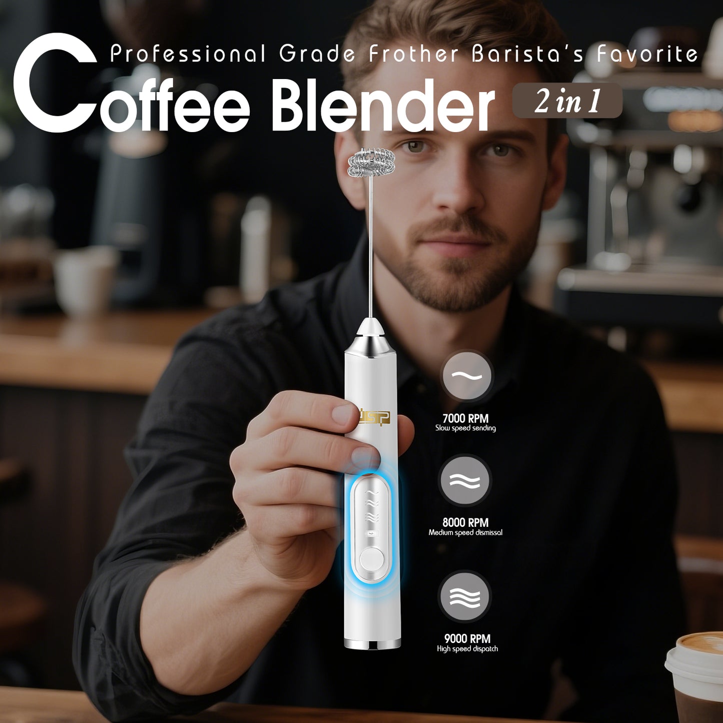 3-Speed Coffee Blender 9000RPM Stainless Steel USB Rechargeable Milk Frother Detachable Stir Eggs Mixer for Home Office Travel