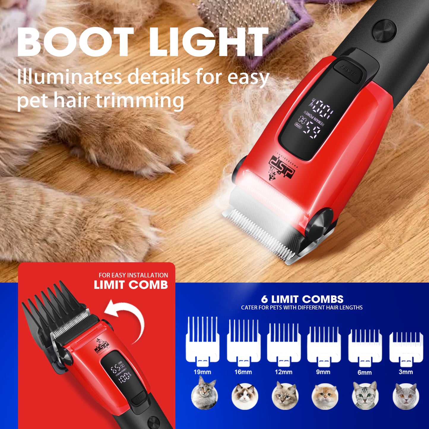 Professional Pet Grooming Trimmer, 6300RPM Stainless Steel Blade, 6 Adjustable Combs, Safe for Dogs/Cats, 150min Runtime