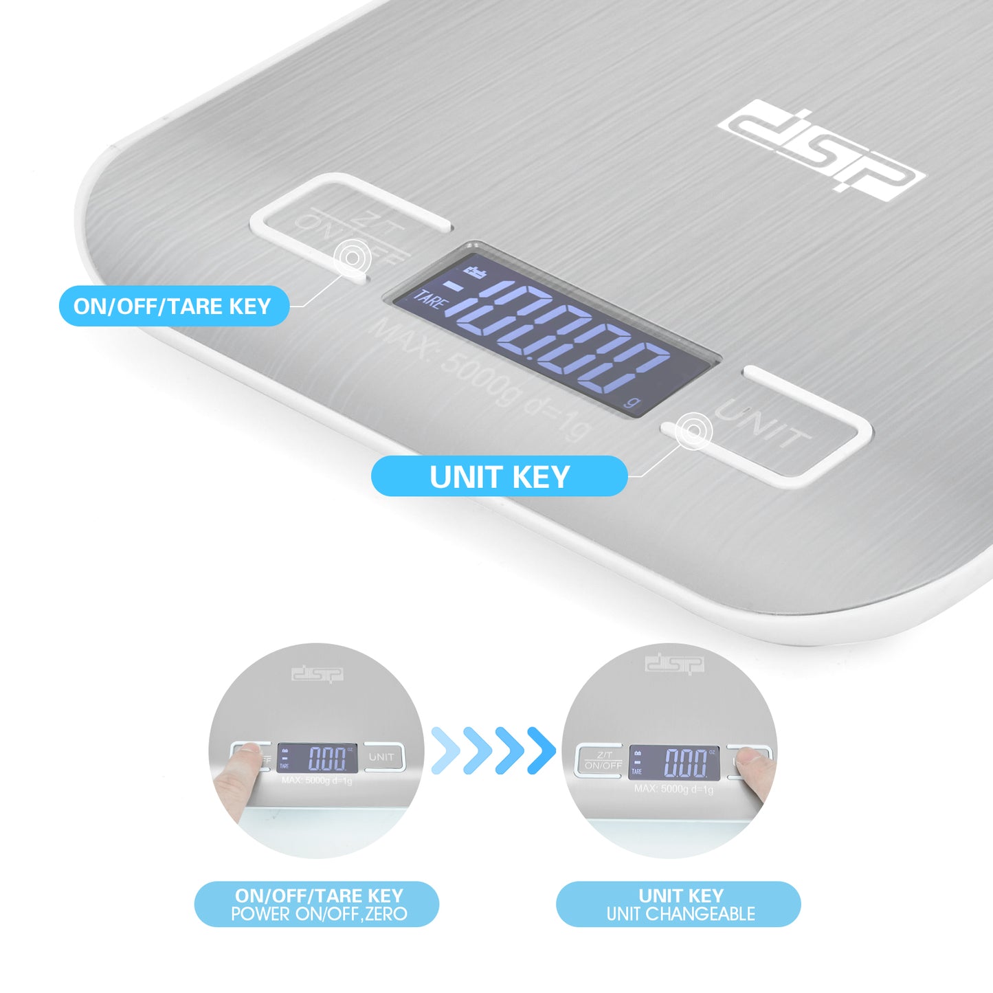 Precision 5kg/1g Multifunction Kitchen Scale with Stainless Steel Surface, High Accuracy Sensor & Auto-Off for Baking/Cooking/Meal Prep