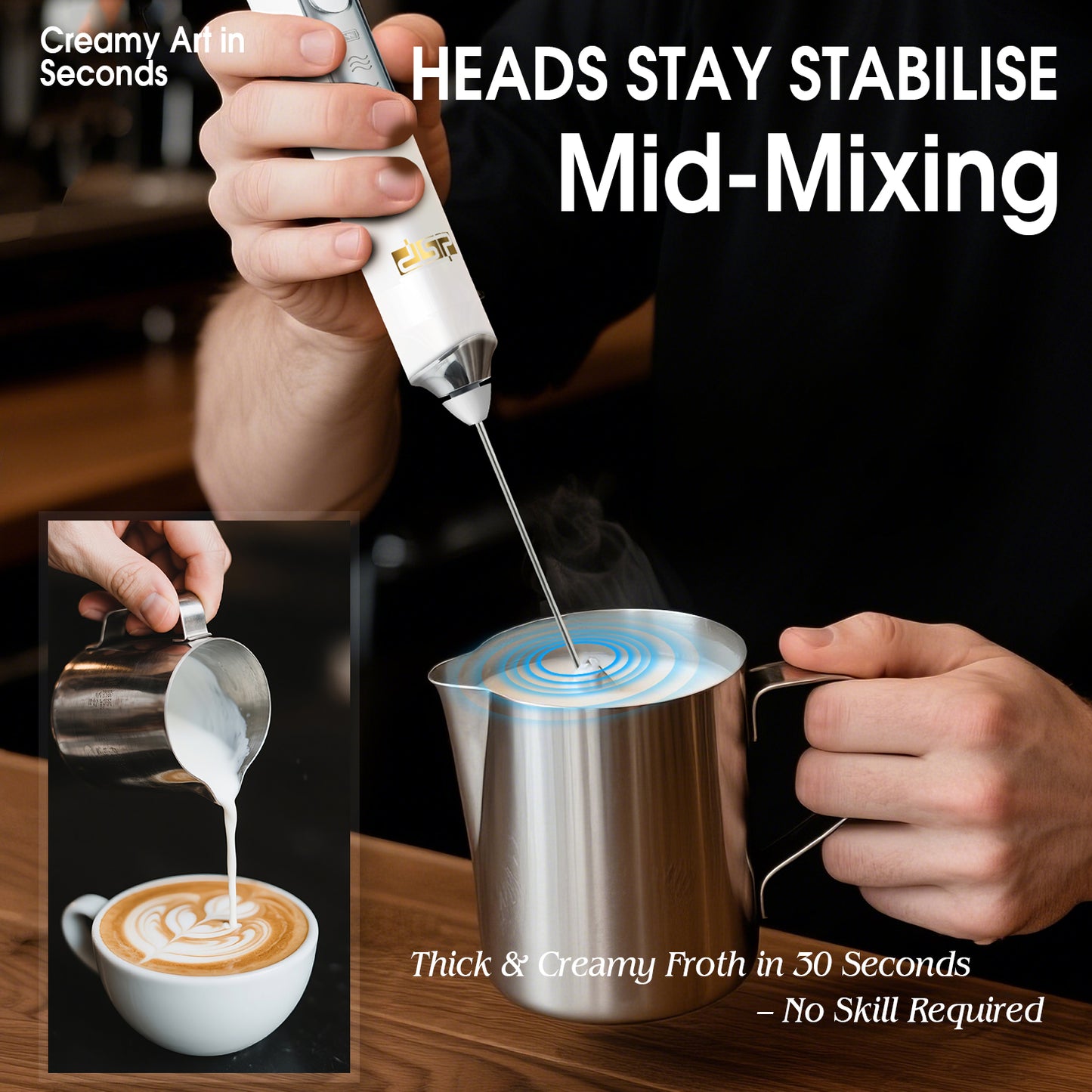 3-Speed Coffee Blender 9000RPM Stainless Steel USB Rechargeable Milk Frother Detachable Stir Eggs Mixer for Home Office Travel