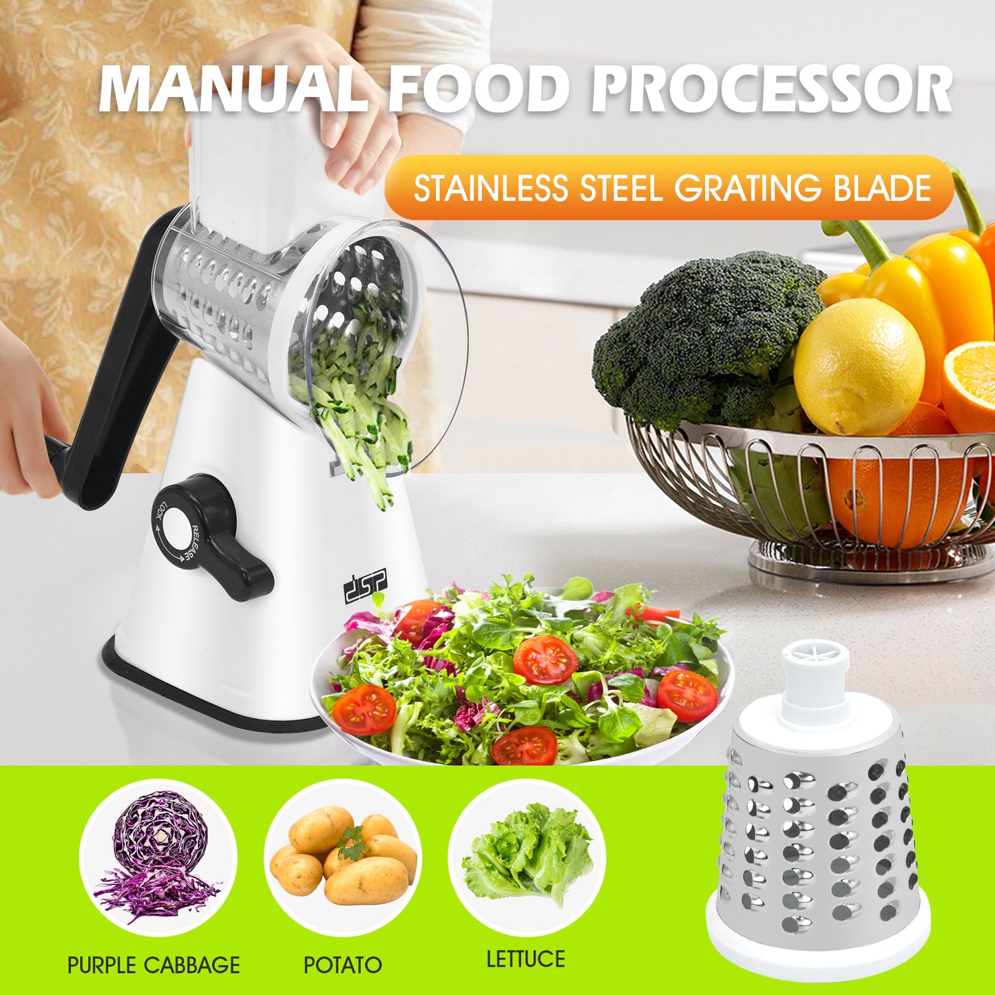 3-in-1 Manual Food Processor, Hand-Operated Veggie Cutter with Stainless Steel Blades for Kitchen & Camping