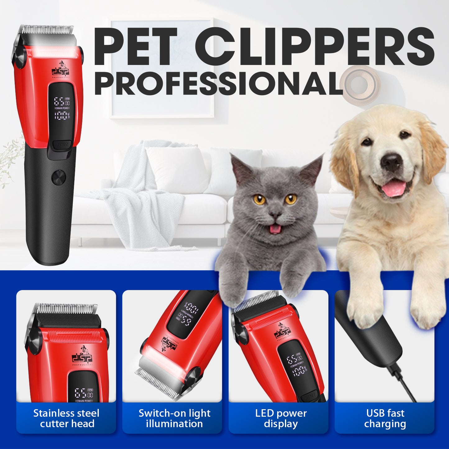 Professional Pet Grooming Trimmer, 6300RPM Stainless Steel Blade, 6 Adjustable Combs, Safe for Dogs/Cats, 150min Runtime