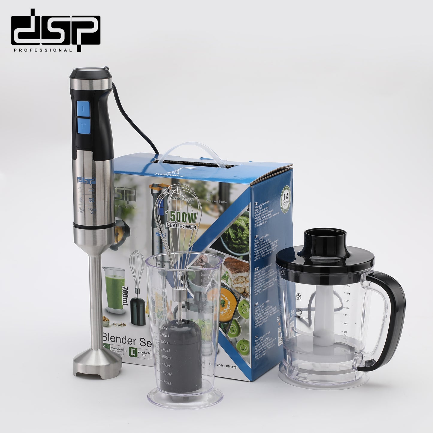 DSP 3 in 1 Immersion Blender Handheld, 1500W Pure Copper Motor, Variable Speed Control, Detachable Stainless Steel Blades, Includes Egg-Beater, 700ml Measuring Cup & 1.0L Meat Grinder – Perfect for Soup, Smoothies, Baby Food (220-240V)