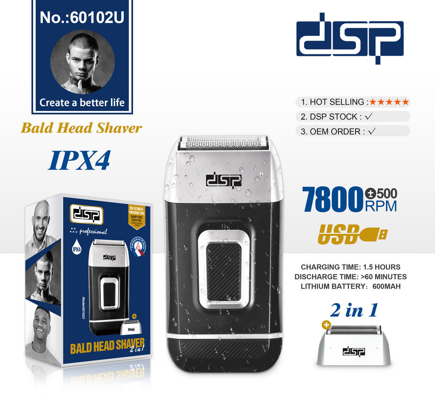 DSP SmartCharge 2 in 1 Bald Head Shaver 7800RPM Pro | 60+Min Wet/Dry Use with IPX4 & LED Power Indicator, Complete Care Kit + SafeGuard System for Irritation-Free Shaving Anywhere