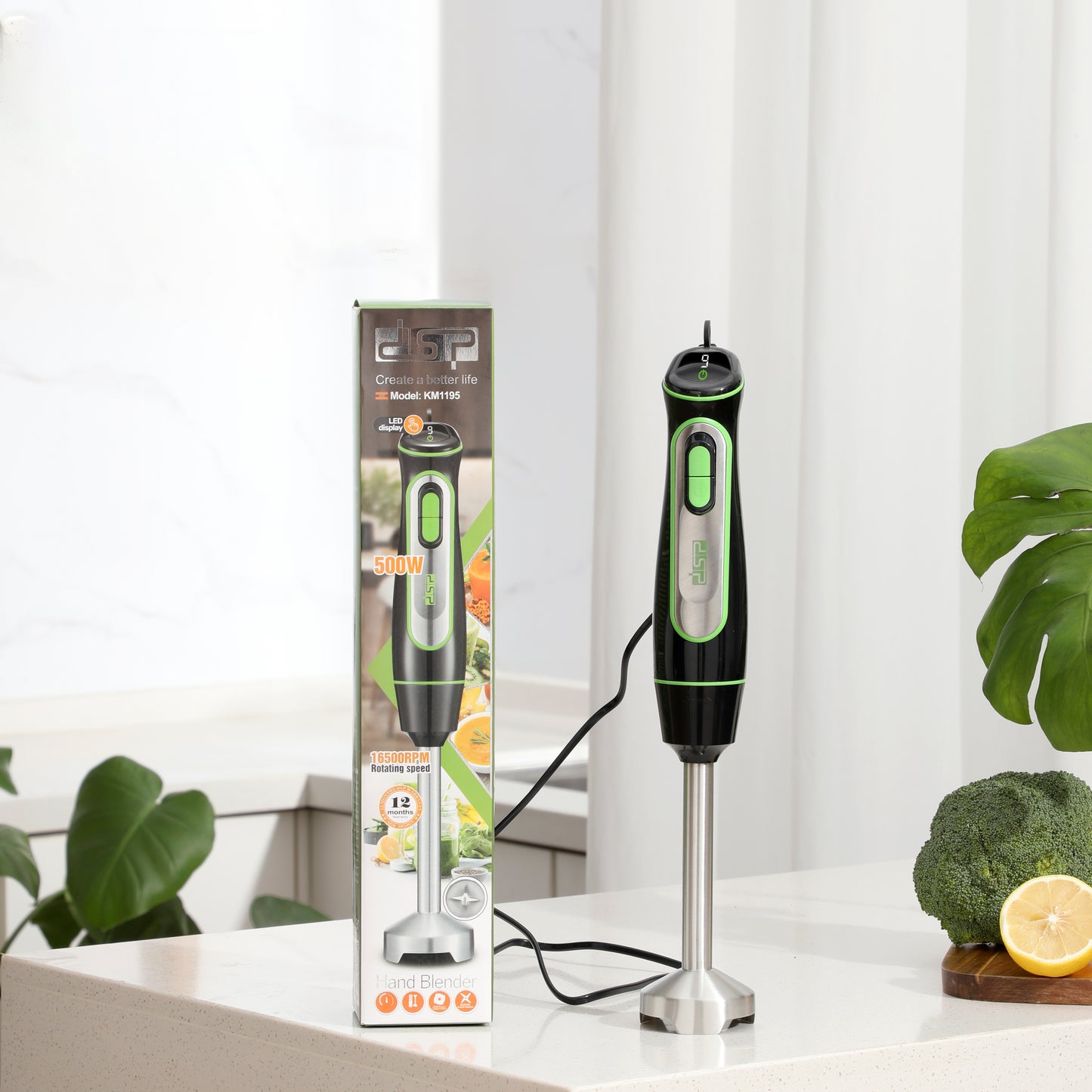 DSP Immersion Blender Handheld, 500W Cordless Electric Hand Mixer with 4 Stainless Steel Blades, 6-Speed Electronic Touch Control & LED Display, Detachable 304 Stainless Steel Stirring Bar for Smoothies, Puree, Baby Food