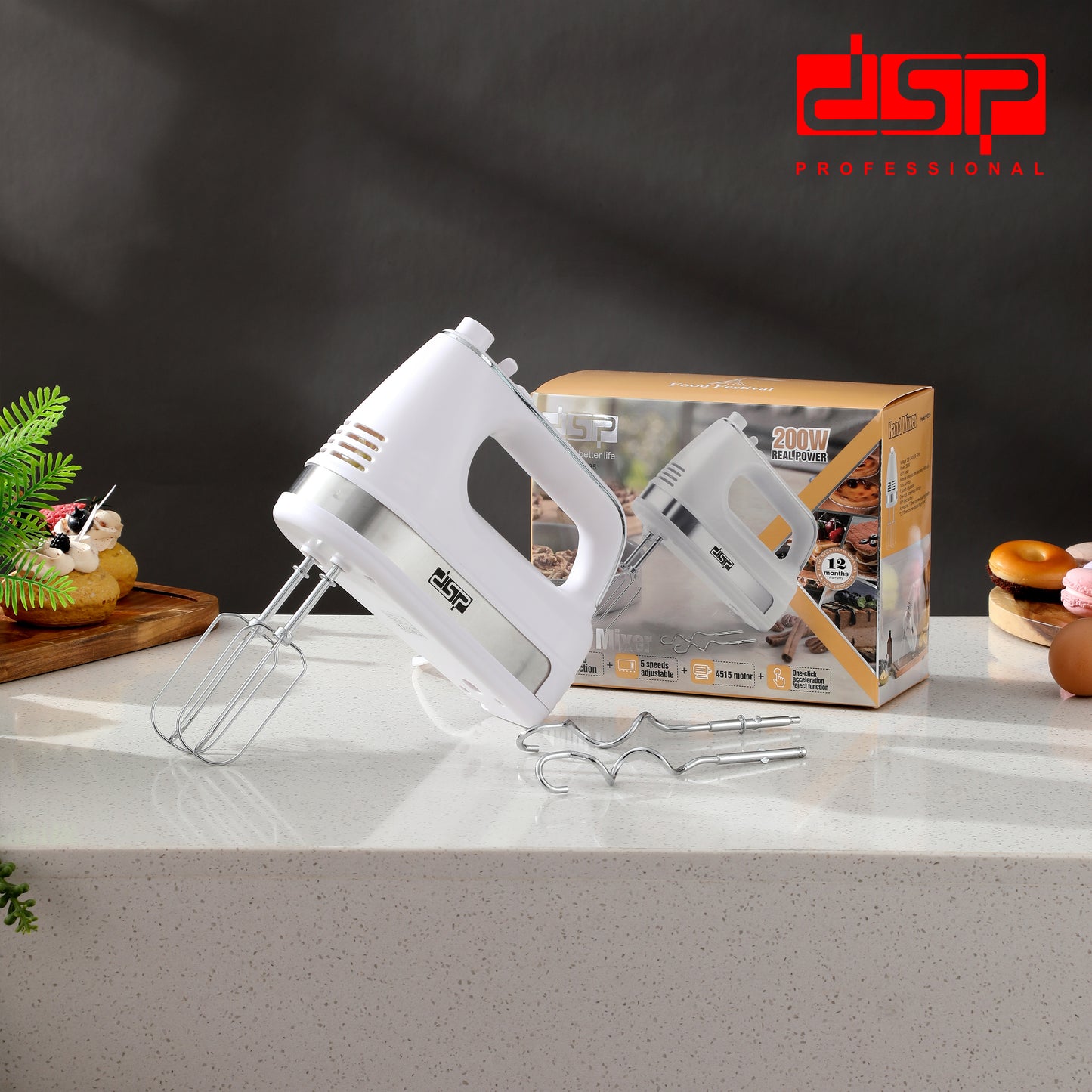 200W Turbo Hand Mixer, 5-Speed & One-Click Acceleration with 2 Chrome Beaters & Hooks for Pro Home Baking