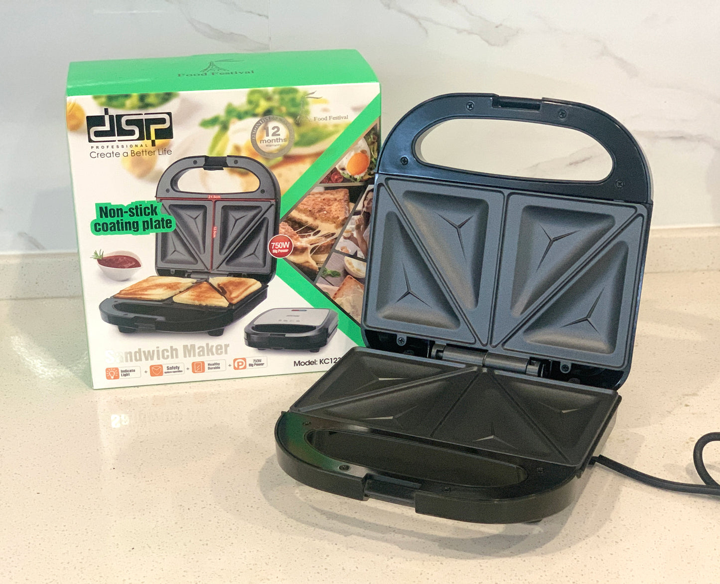 DSP Sandwich Maker & Press - 750W Grilled Cheese Maker with Nonstick Plates, Cool-Touch Handle, Indicator Lights | Compact for Kitchen, Dorm | 220-240V
