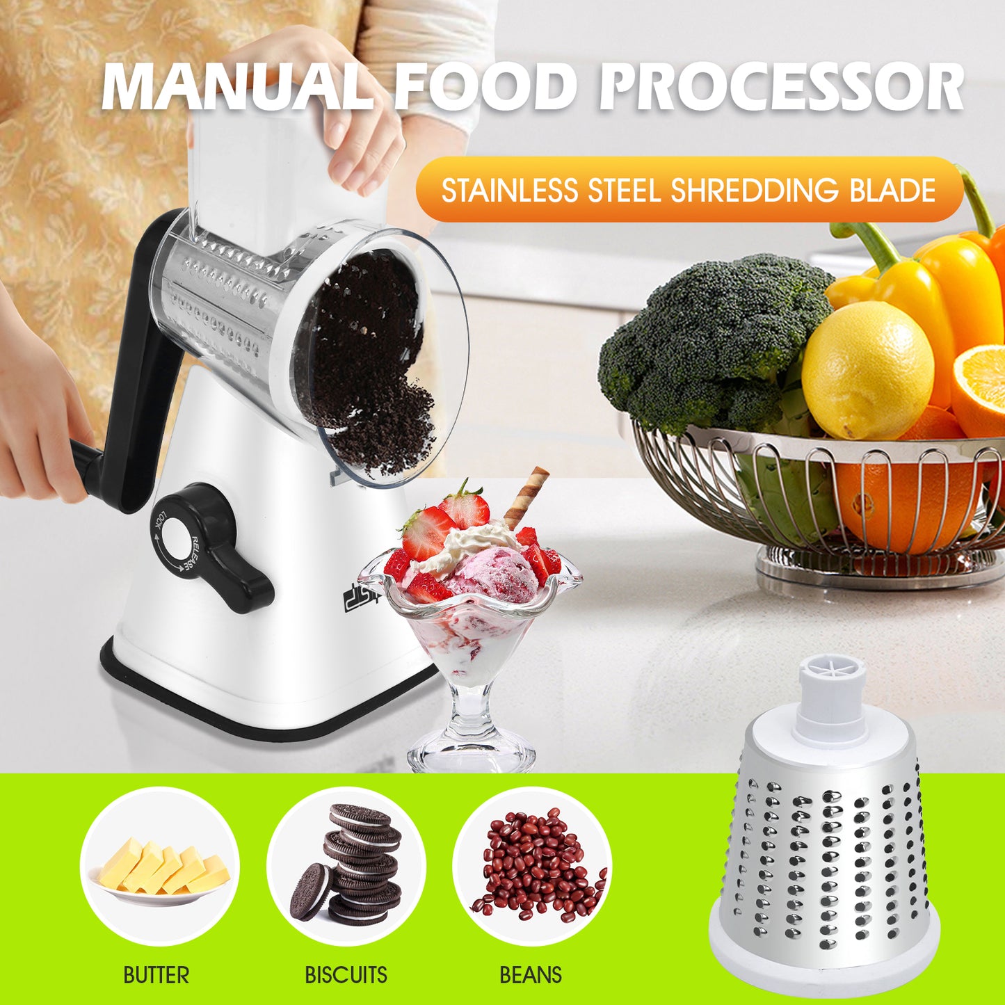 3-in-1 Manual Food Processor, Hand-Operated Veggie Cutter with Stainless Steel Blades for Kitchen & Camping