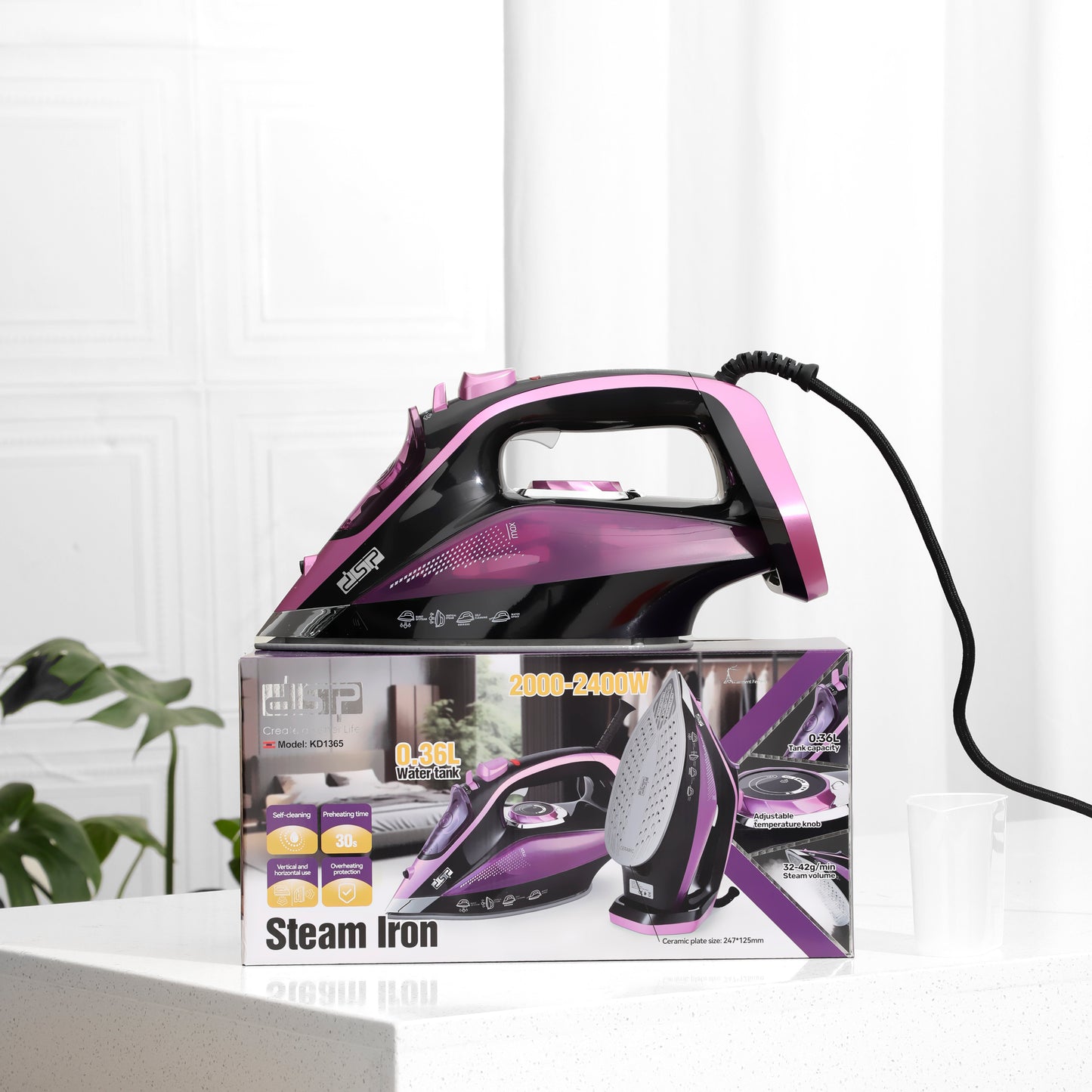 DSP Steam Iron for Clothes, 2400W Powerful Steam Iron with Ceramic Soleplate, 360ml Tank, Adjustable Steam, Self-Clean, Overheat Protection, Retractable Cord – Ideal for Home Use