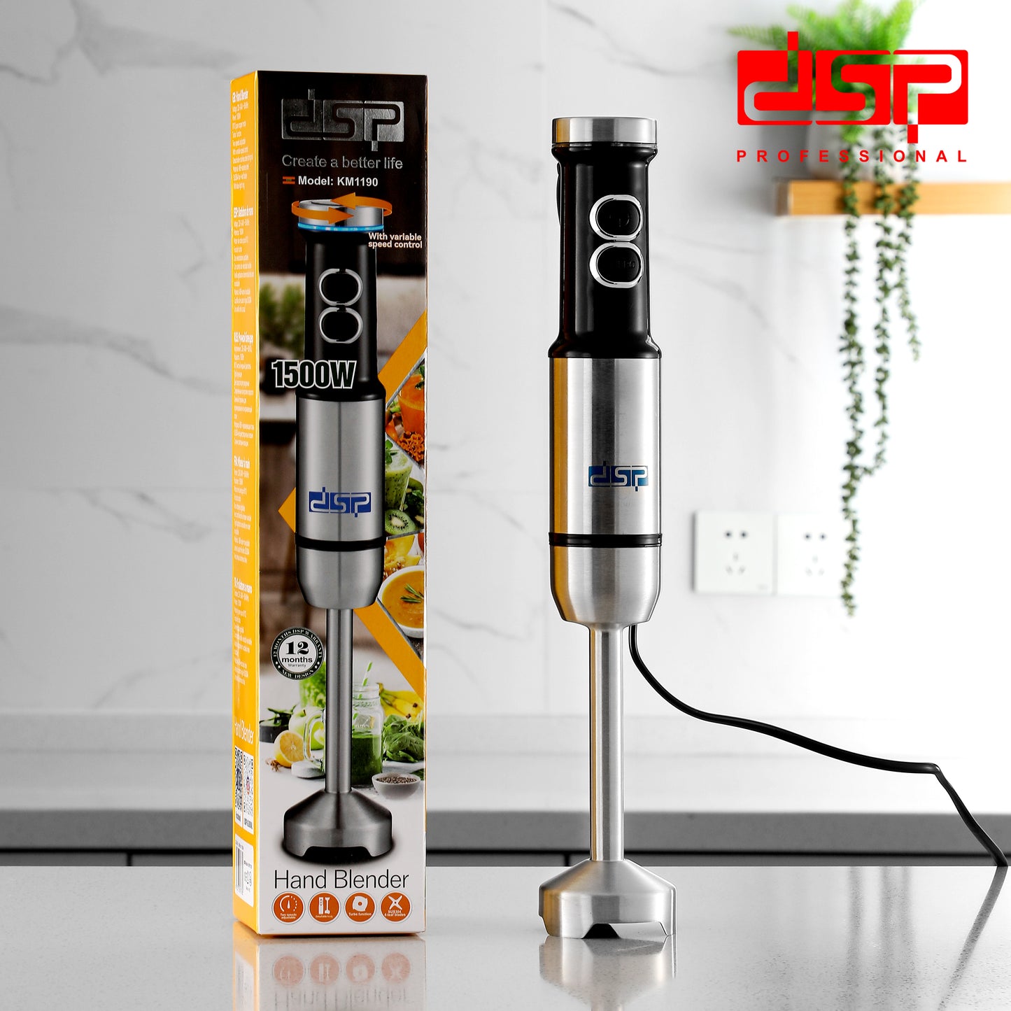 DSP 1500W Immersion Blender Handheld Cordless - Powerful Electric Mixer with Turbo Function, 2-Speed Control & Detachable Stainless Steel Rod, Ideal for Smoothies, Soup, Puree (Blue Light Ring)