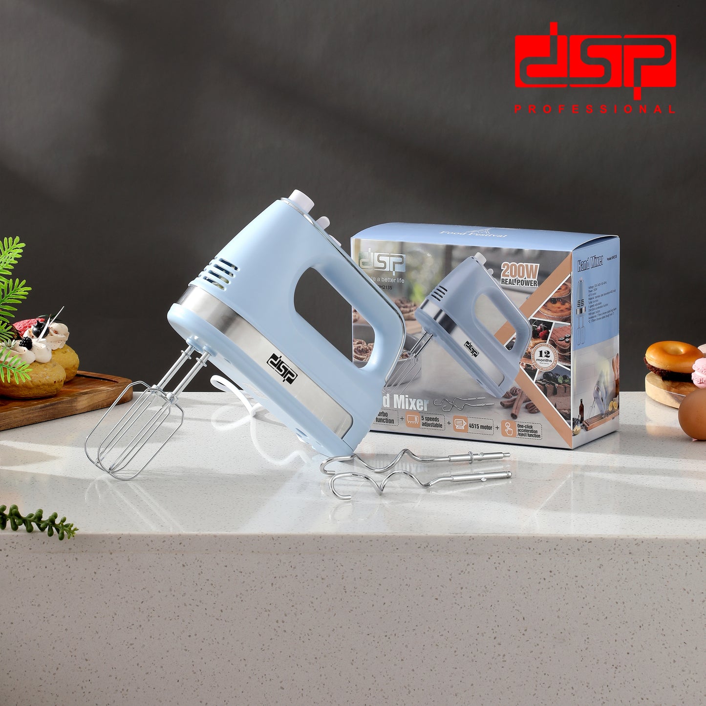 200W Turbo Hand Mixer, 5-Speed & One-Click Acceleration with 2 Chrome Beaters & Hooks for Pro Home Baking