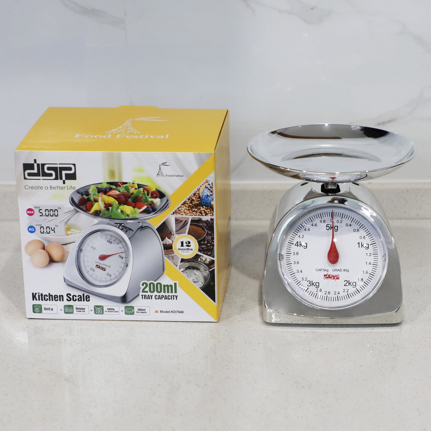 DSP Mechanical Kitchen Scale, Food Scale with Bowl – 5000g/11lb Capacity, 40g Graduation, ABS Material, Easy-Clean Tray for Home Kitchen